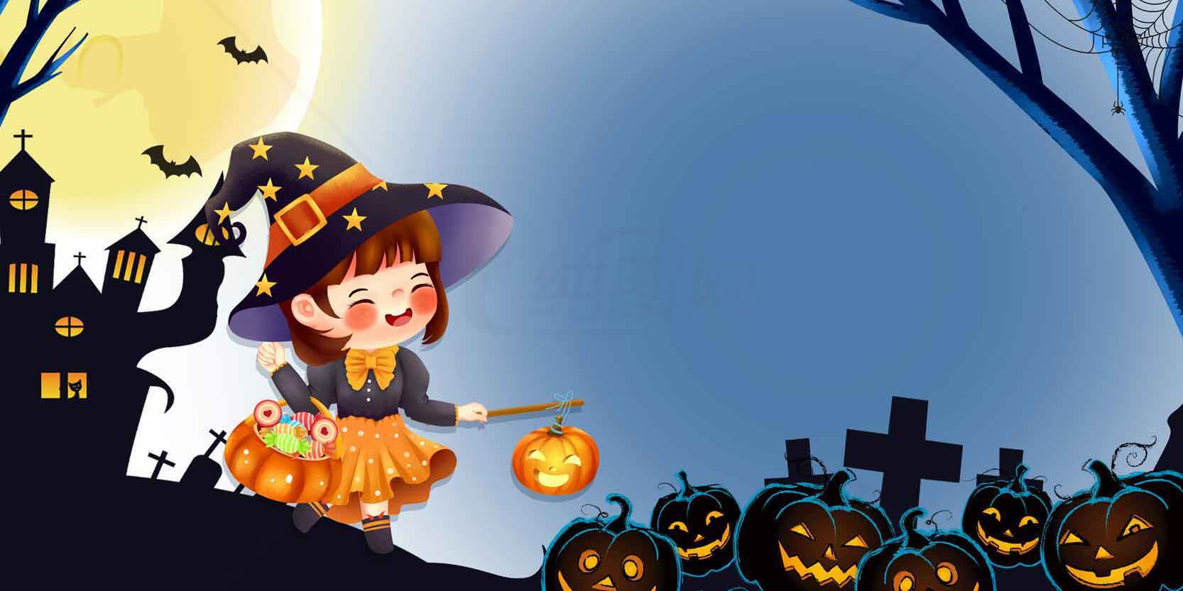万圣节可爱女巫与南瓜灯插画素材