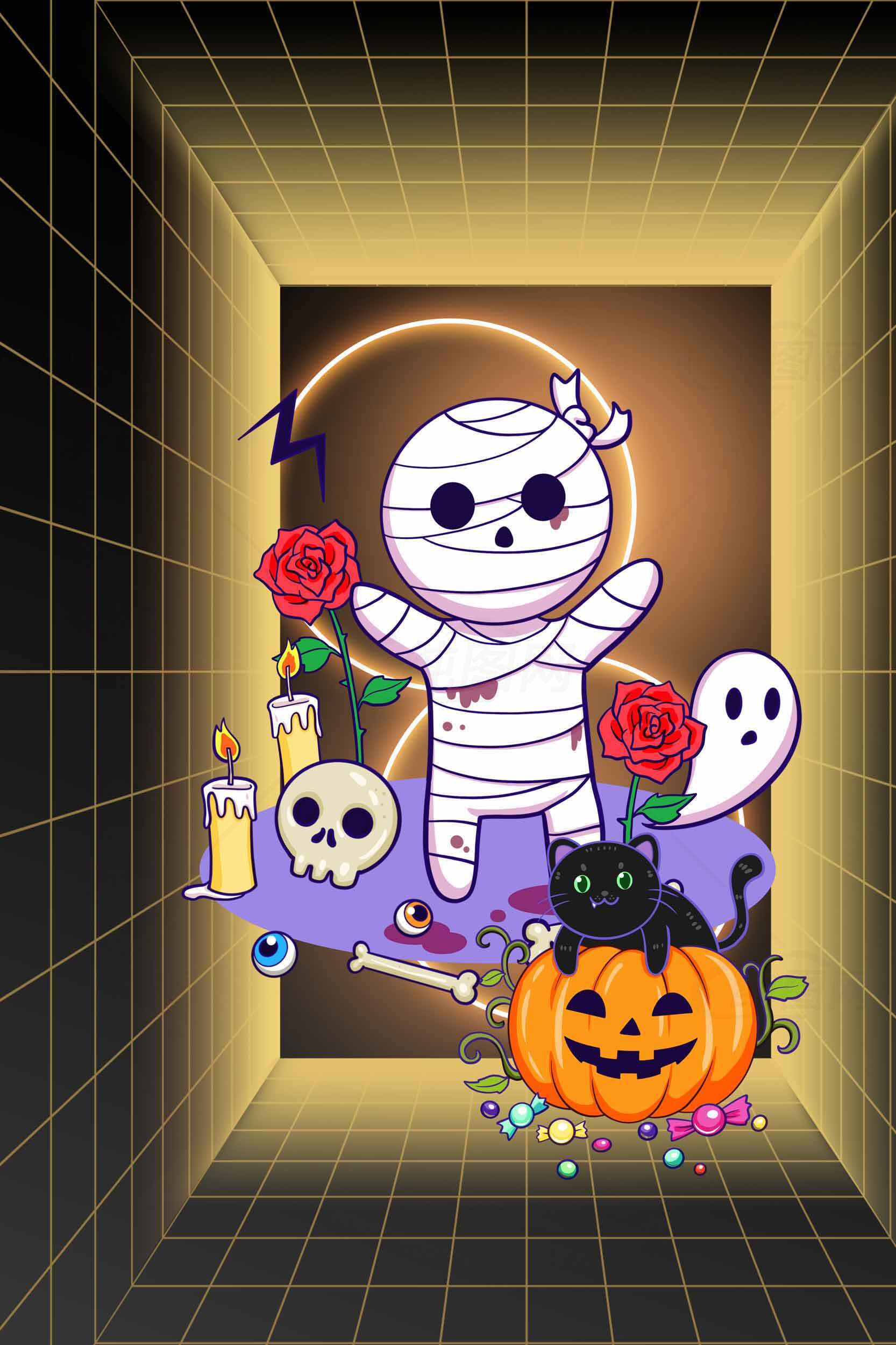 万圣节卡通风格装饰图片：南瓜、木乃伊与幽灵素材