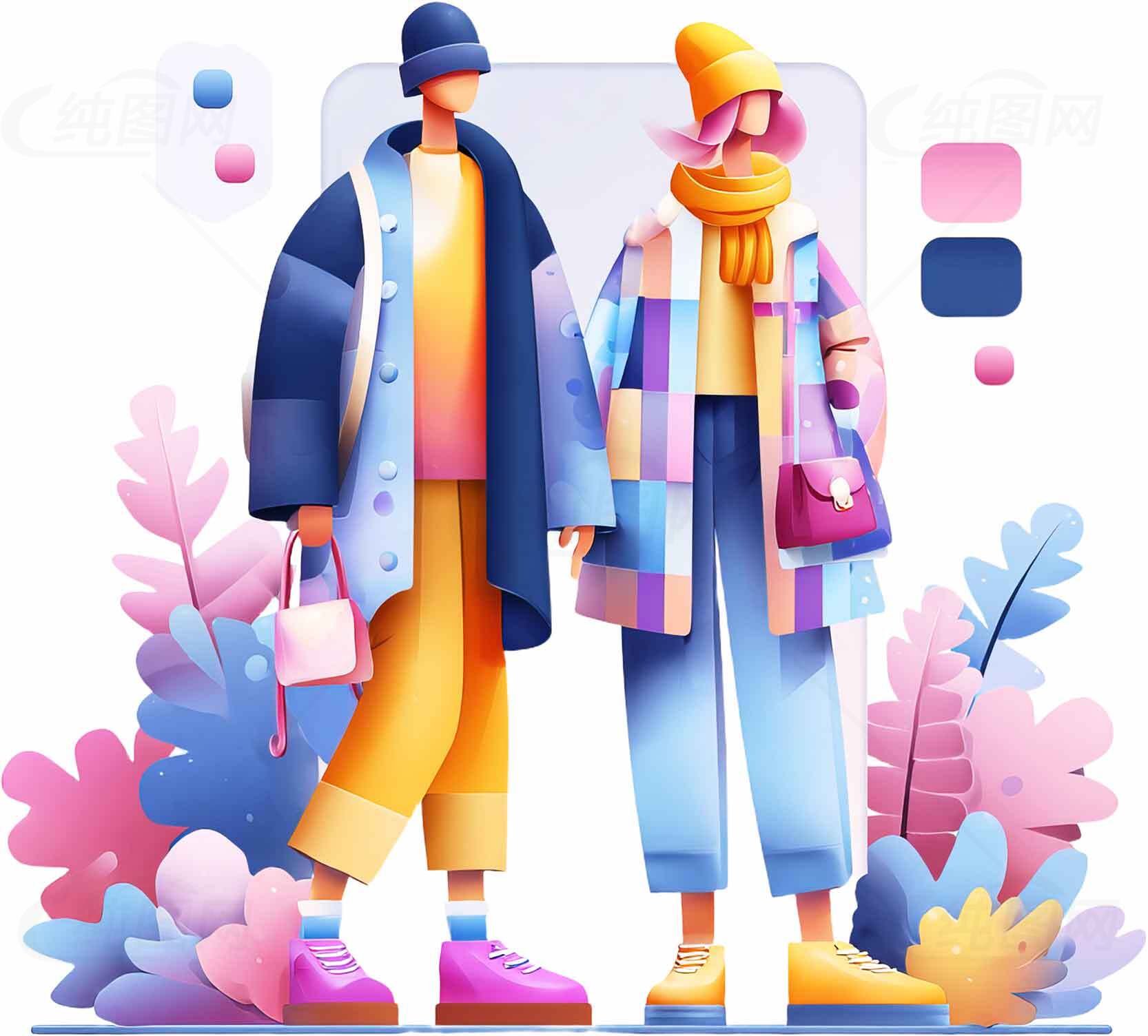 时尚插画风格秋冬穿搭设计素材
