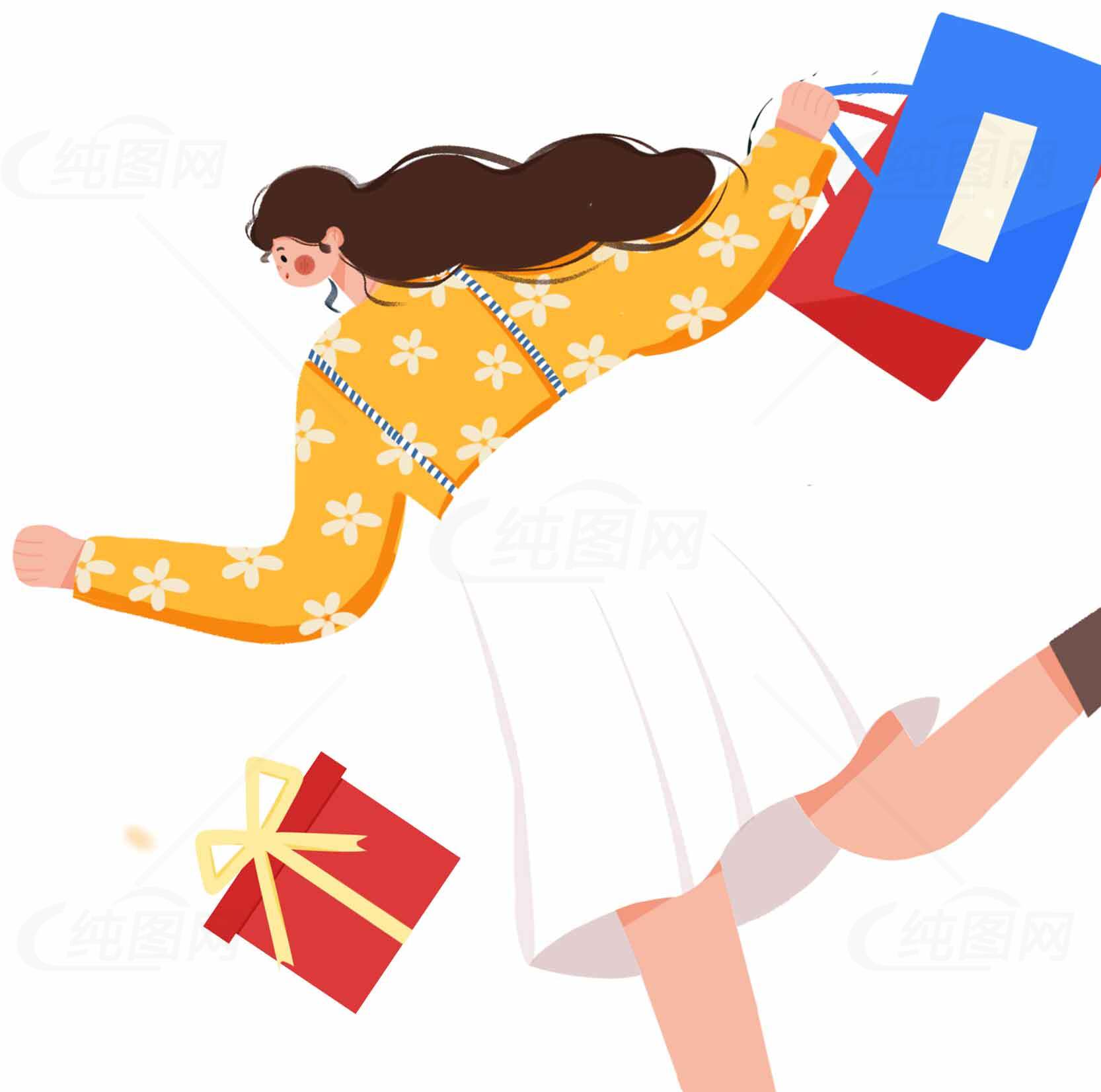 购物狂欢节插画设计：时尚女性与礼物袋素材