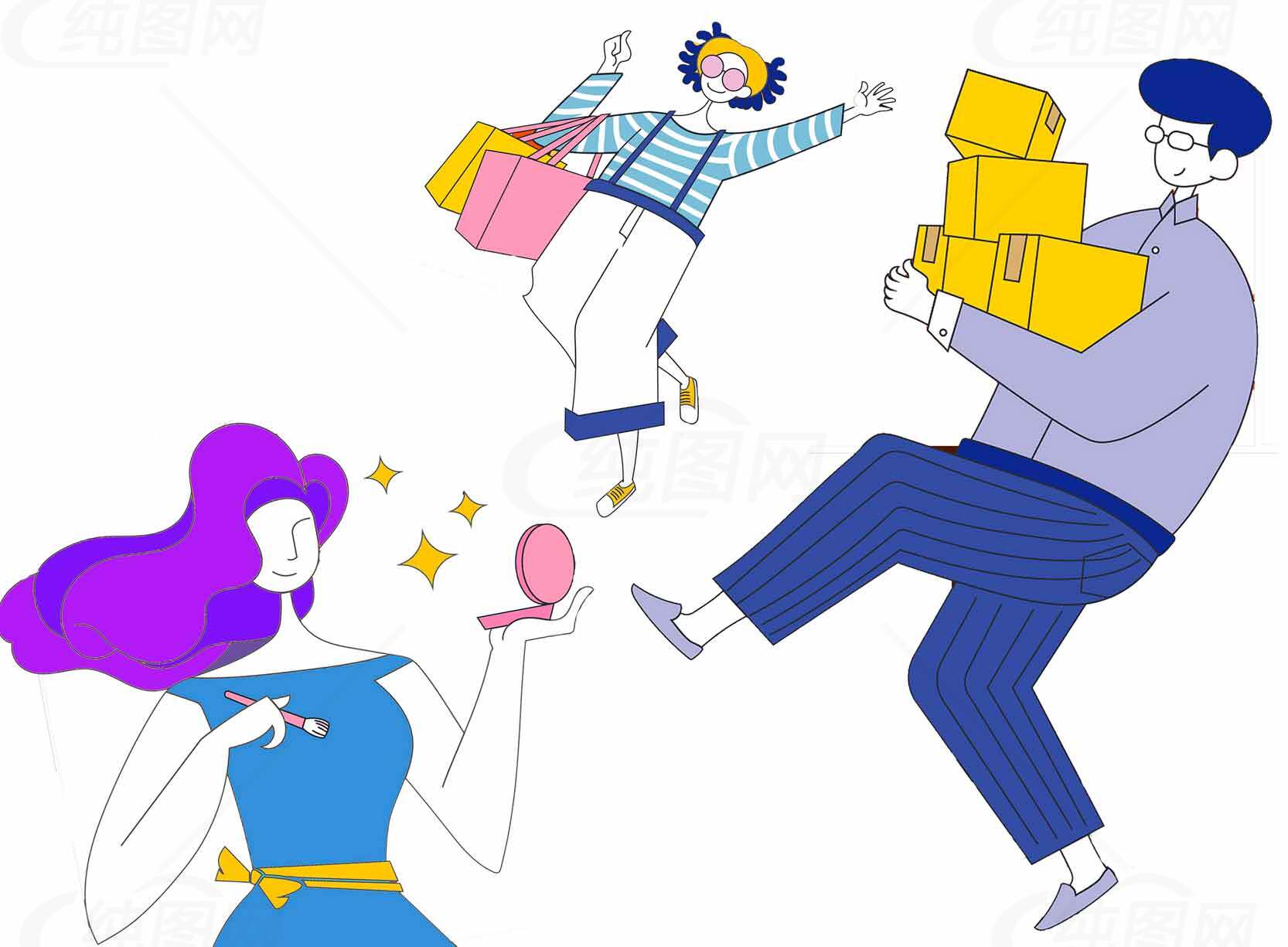 购物狂欢插画设计：年轻人享受购物乐趣素材
