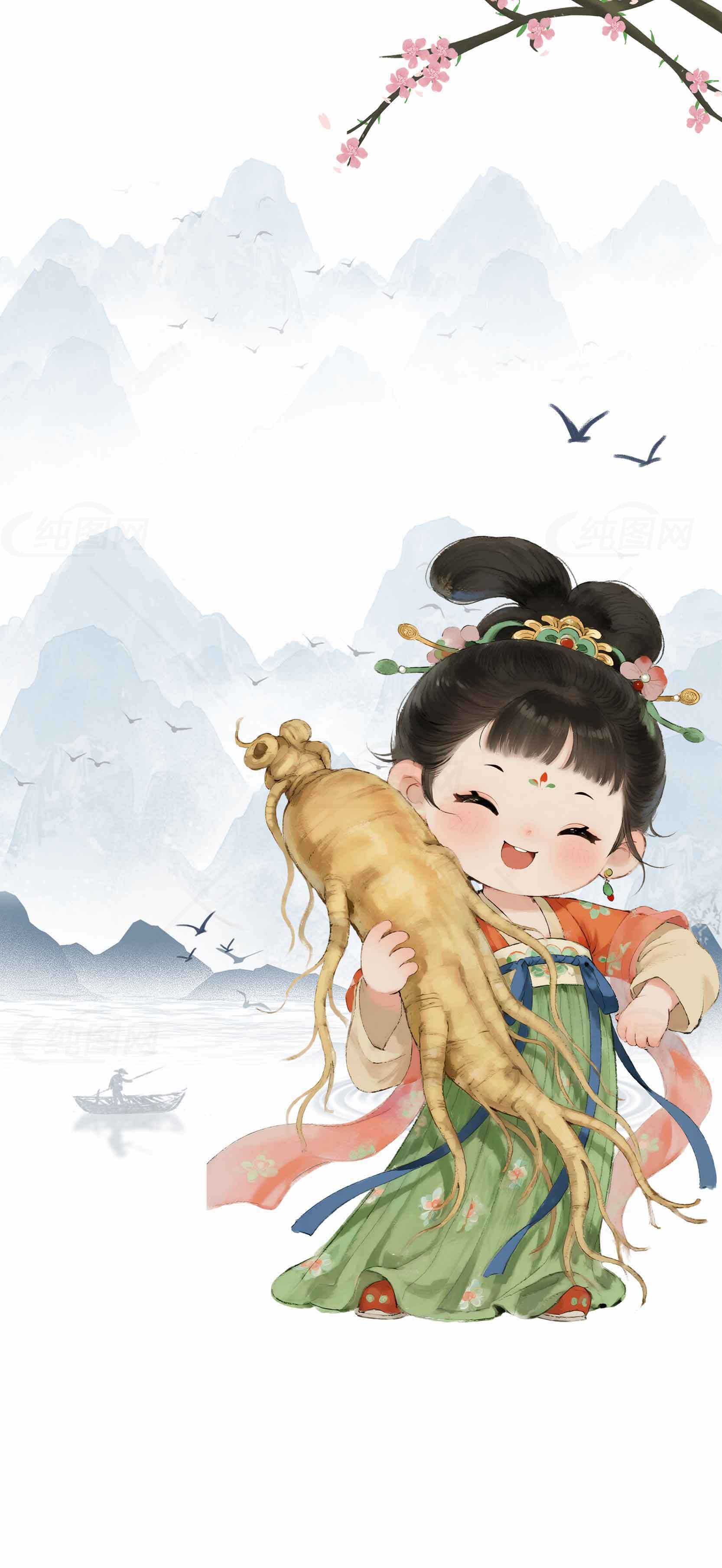 古风插画：山水背景与人参童子素材