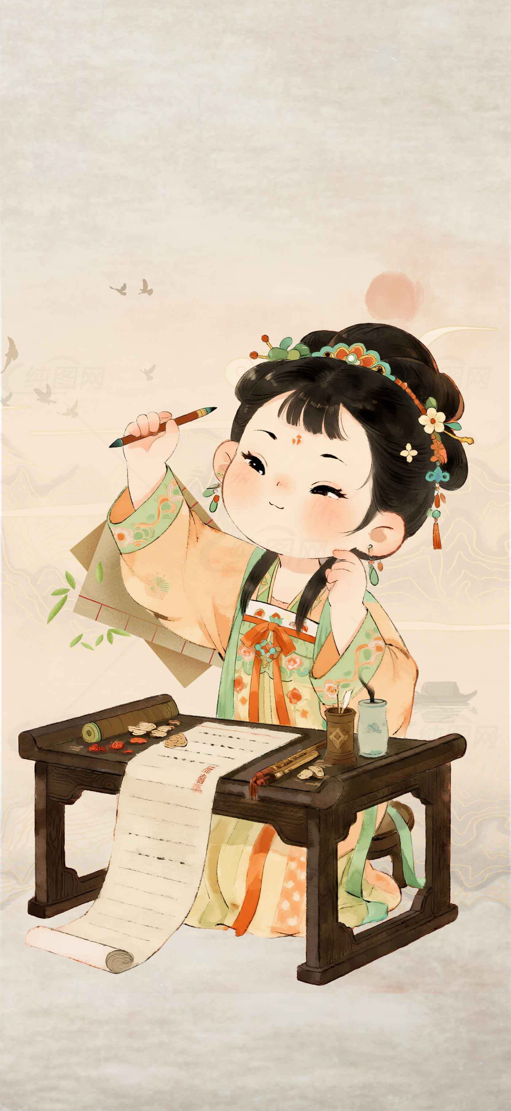古风插画：书写的古代仕女素材