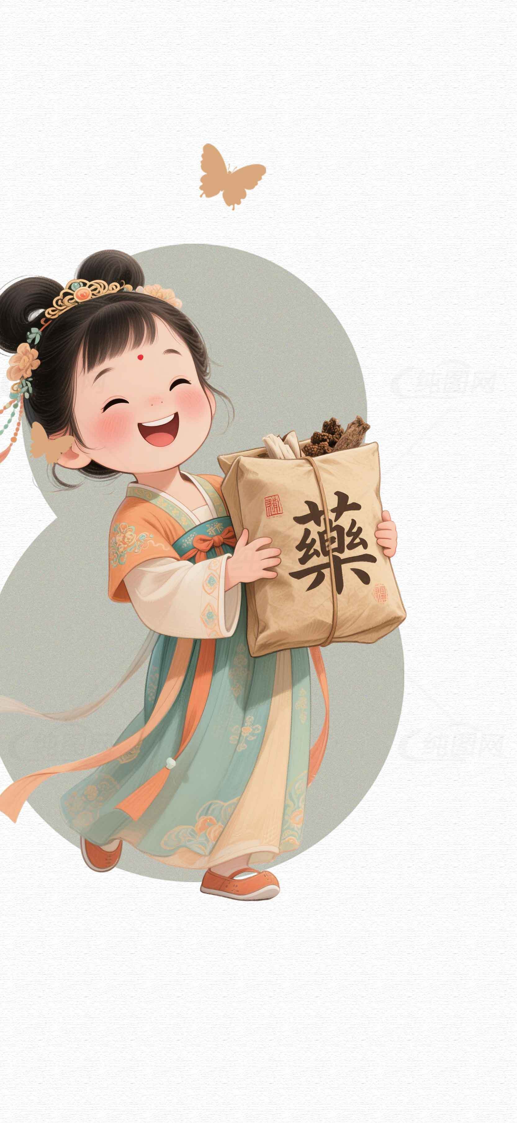 古风童趣插画：手持中药袋的古装女孩素材