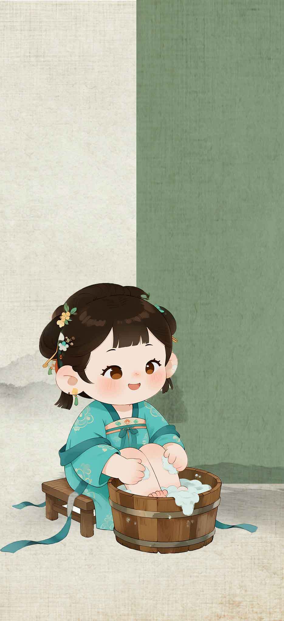 古风卡通女孩泡脚插画素材