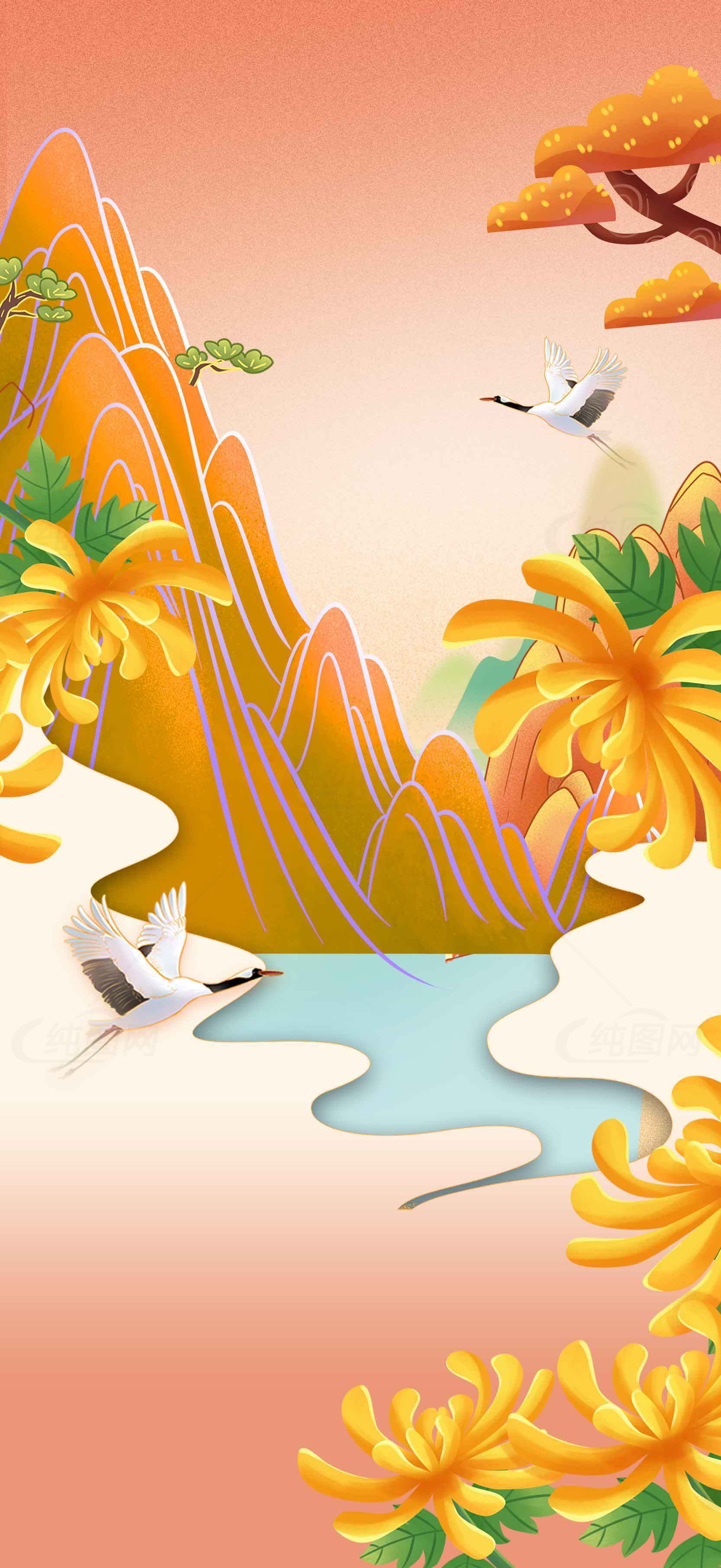 唯美秋季山水画背景图片素材