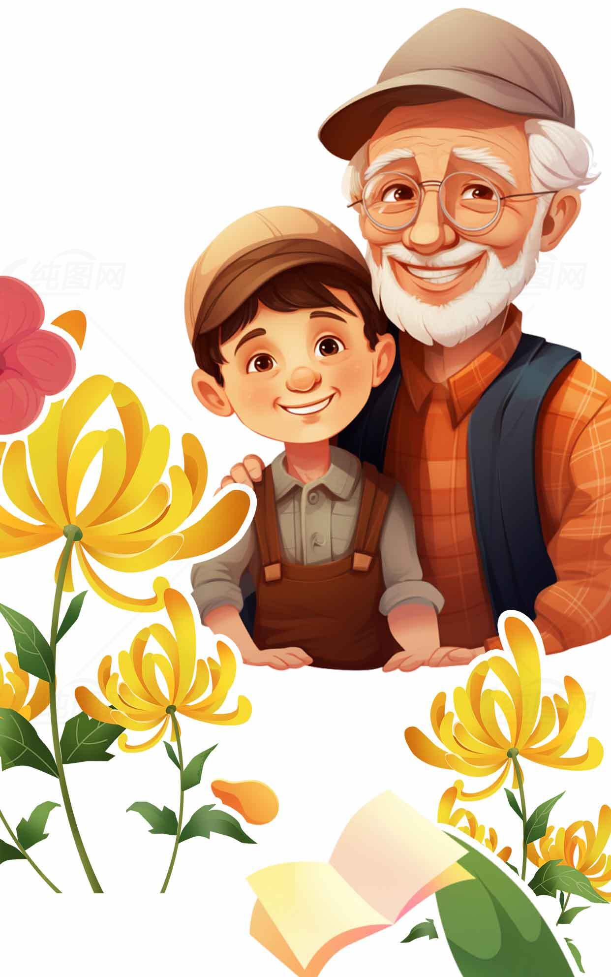 温馨祖孙插画：秋日花园中的亲情时光素材
