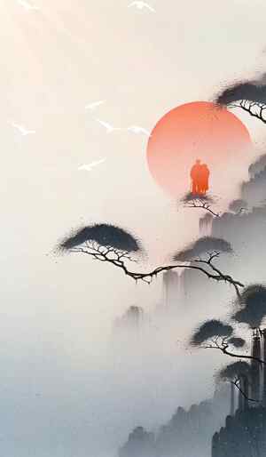 唯美中国风水墨画：红日松林与禅意山景