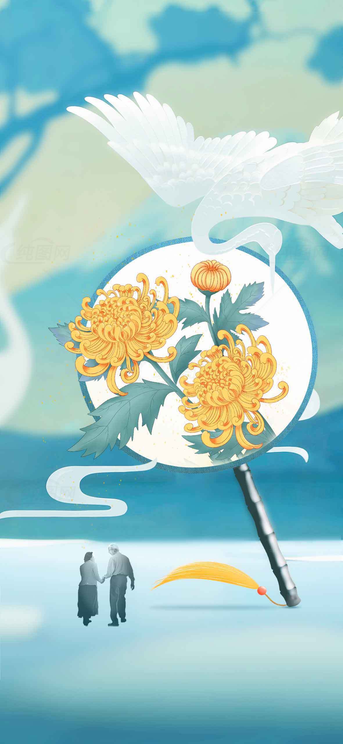 唯美国风插画：菊花与白鹤意境画面素材