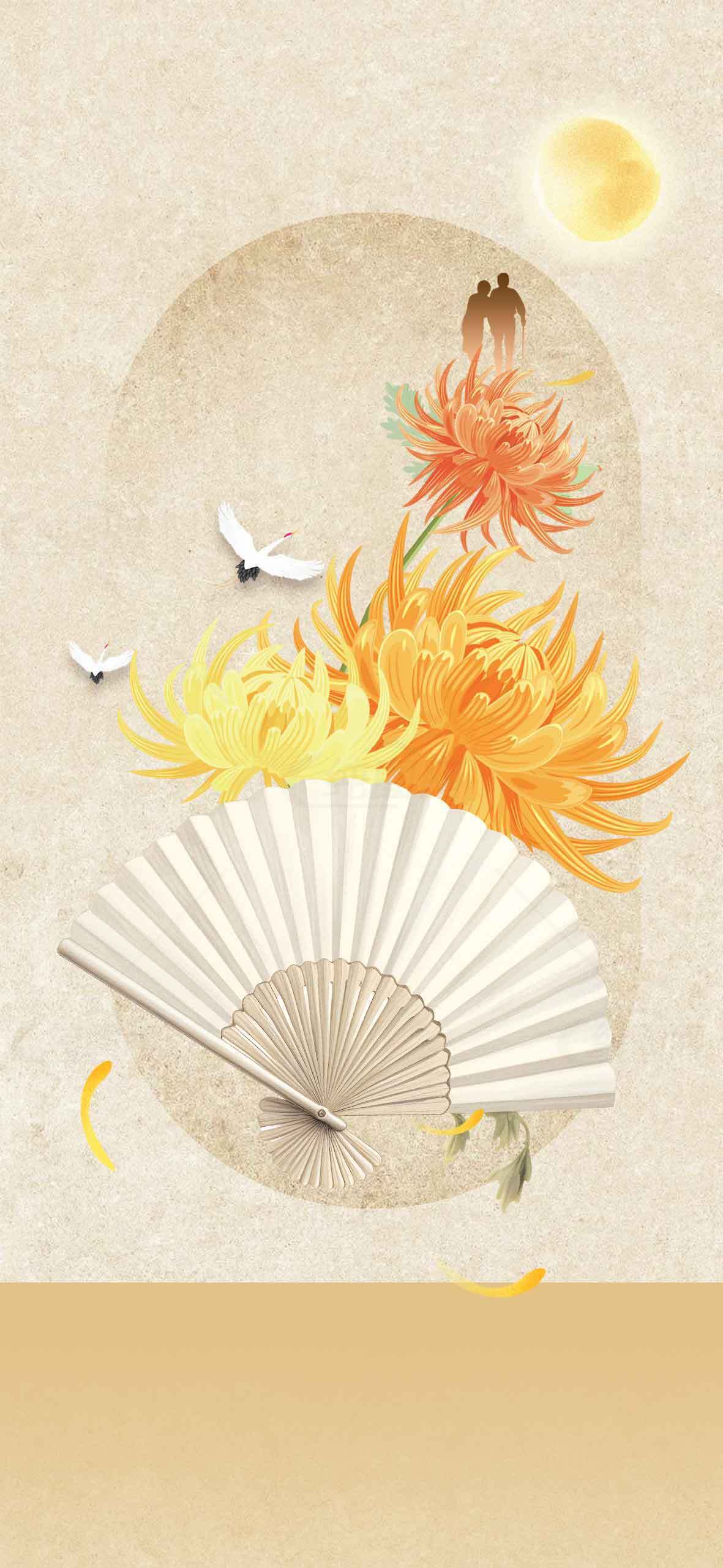 唯美古风扇子与菊花背景图片素材
