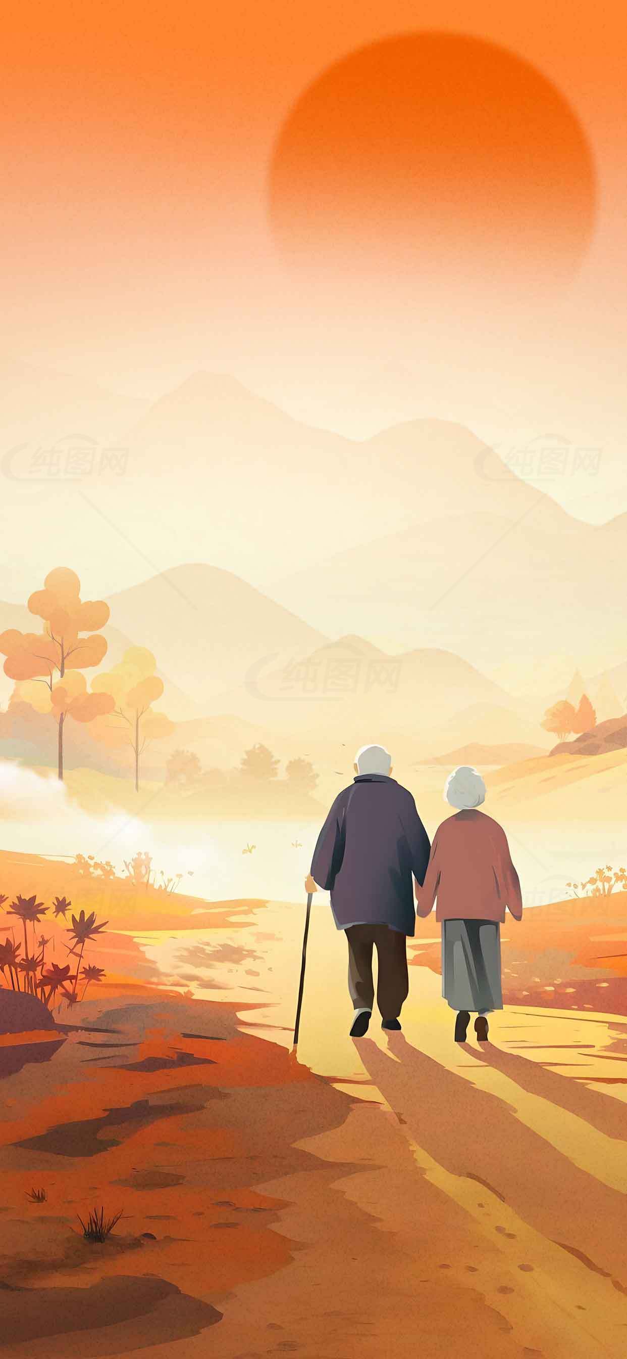 田园风光中的老夫妻插画素材