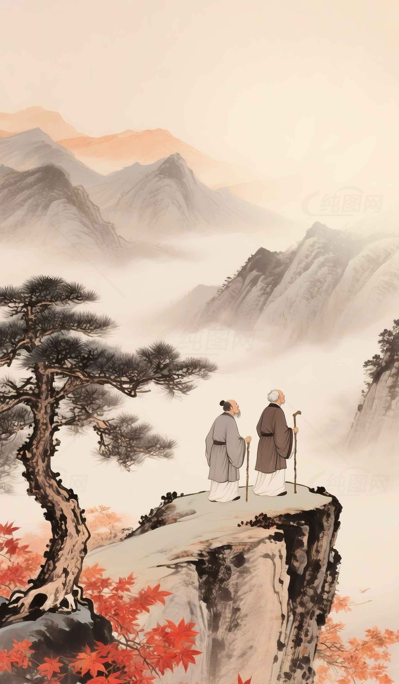 中国山水画意境之美：两人观山赏秋景素材