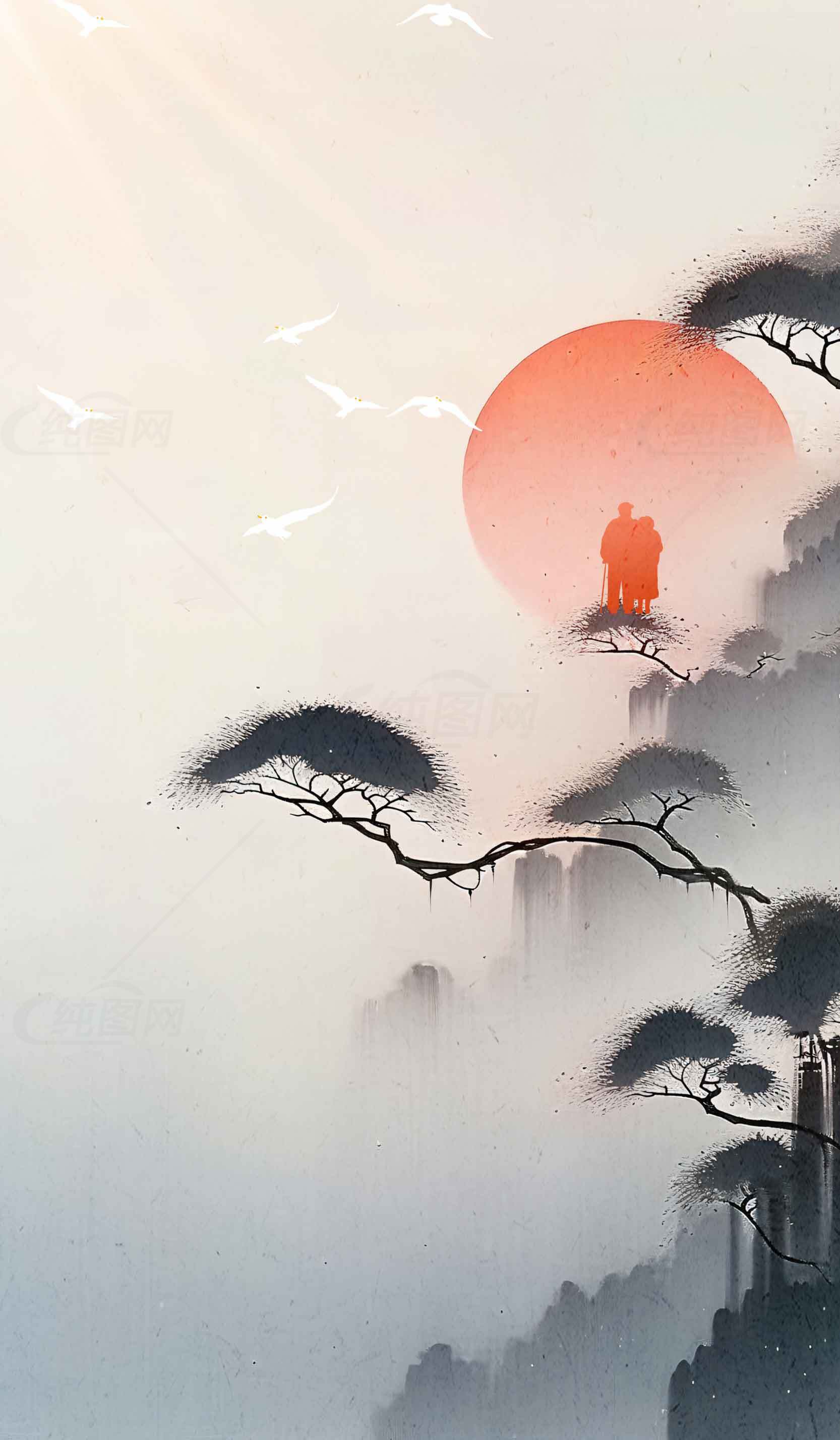 唯美中国风水墨画：红日松林与禅意山景素材