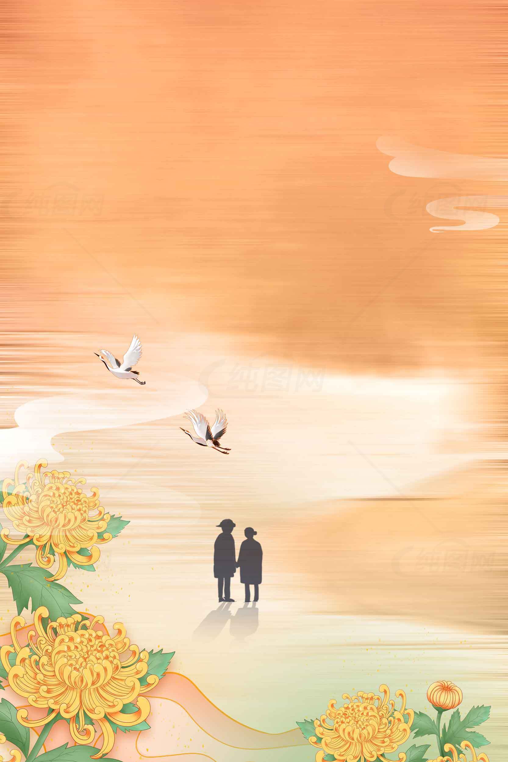 唯美秋日插画：菊花与湖边剪影素材