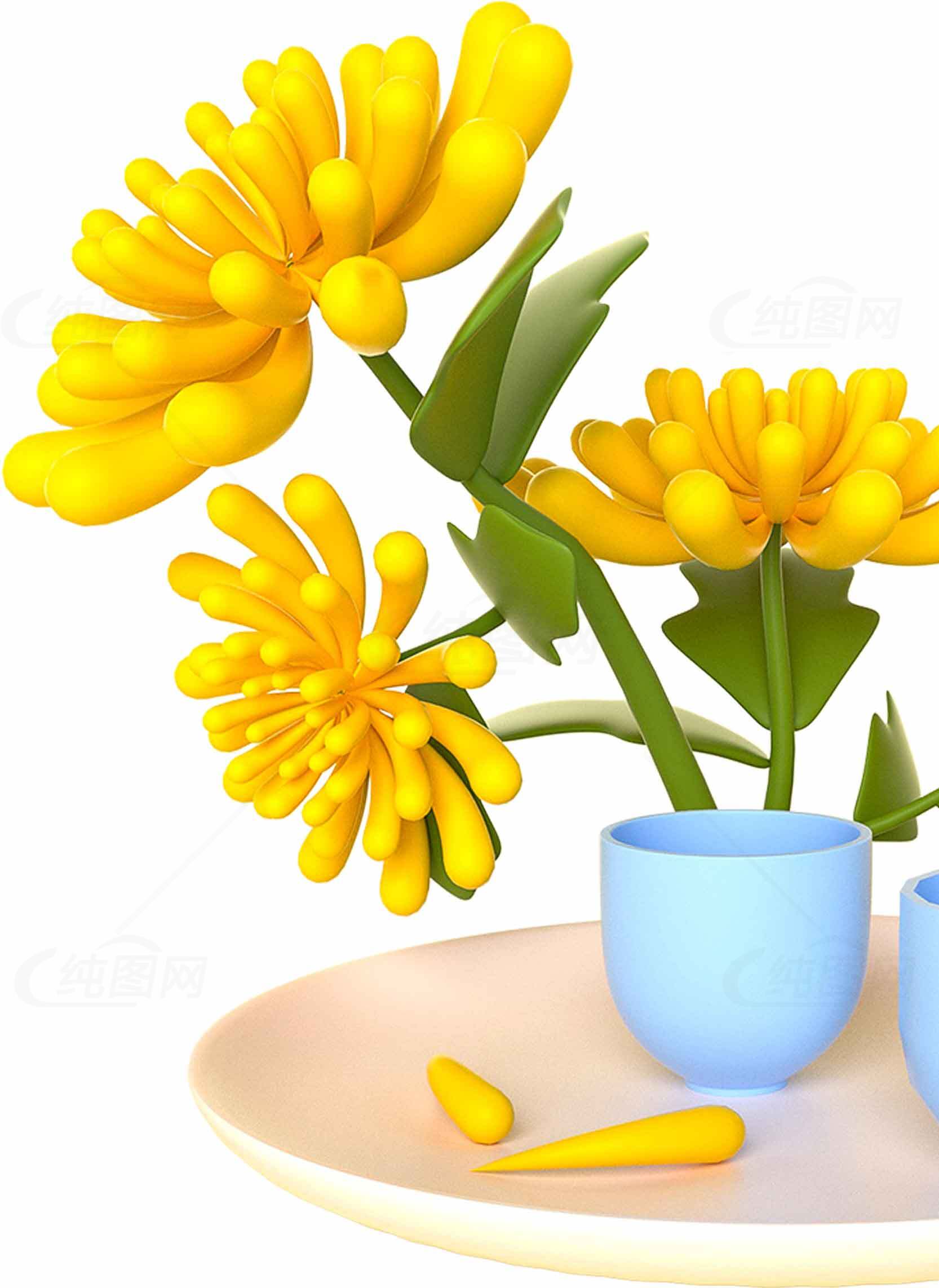 黄色菊花与蓝色杯子的清新搭配素材