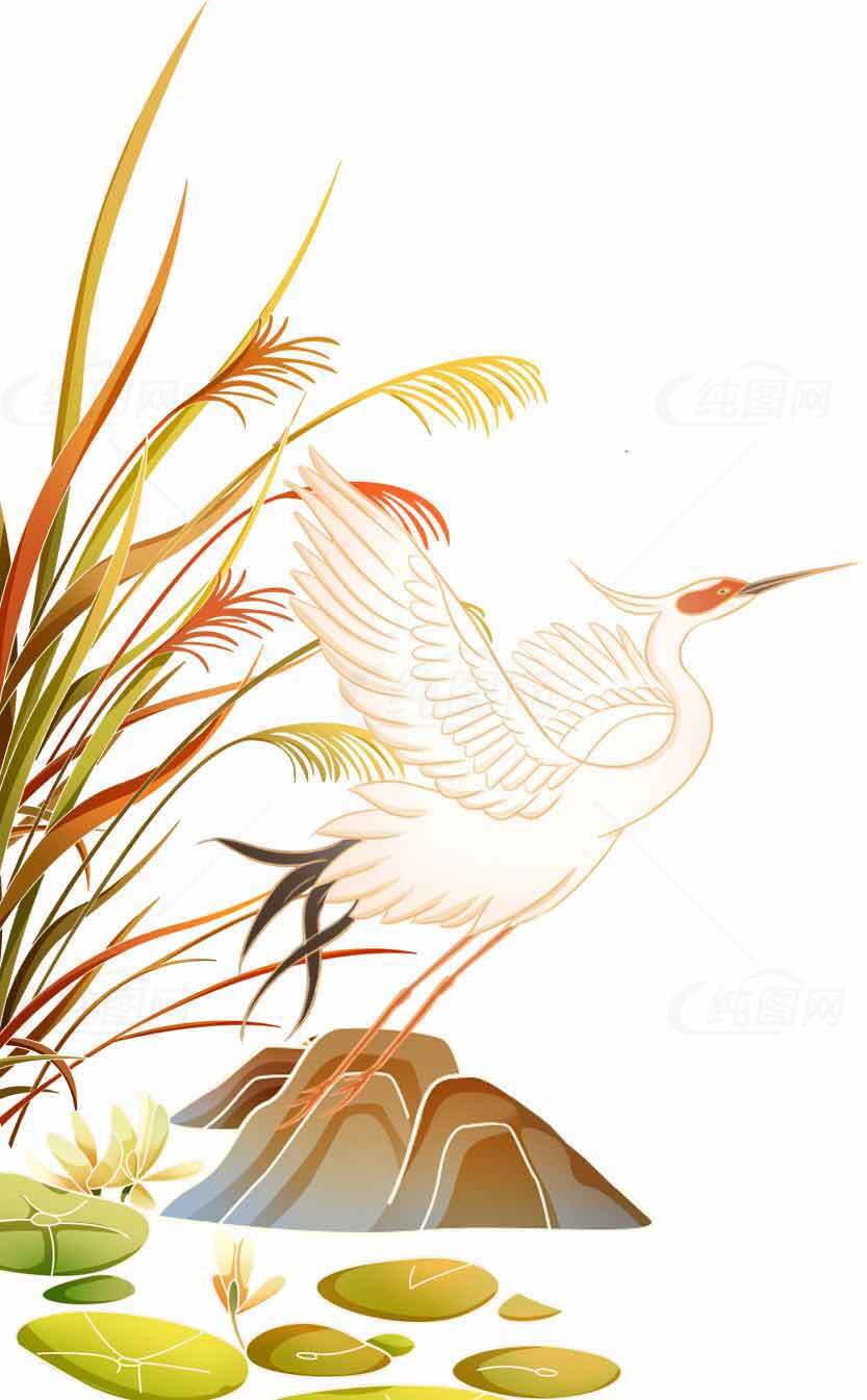 优雅白鹭与自然景观插画设计素材