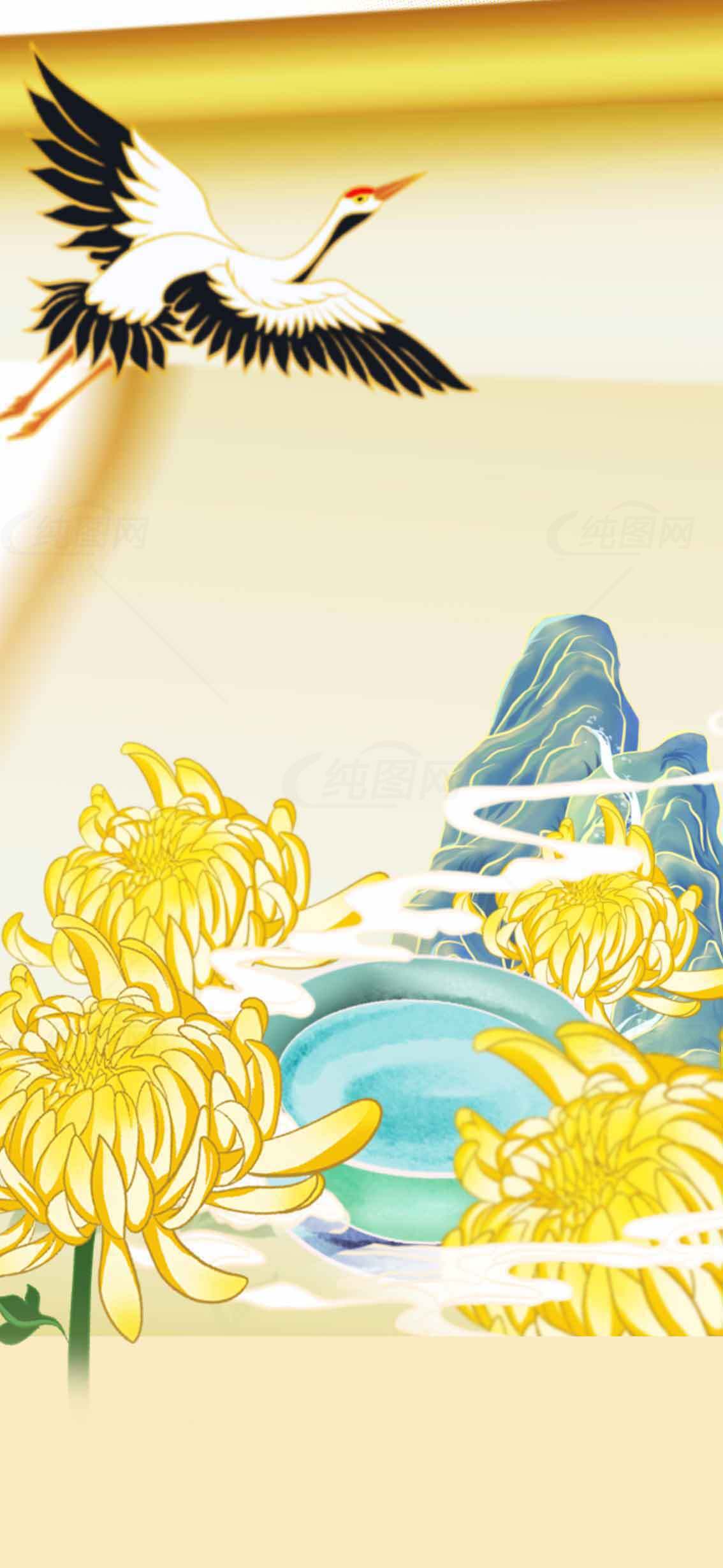 仙鹤与菊花的国风唯美插画背景素材