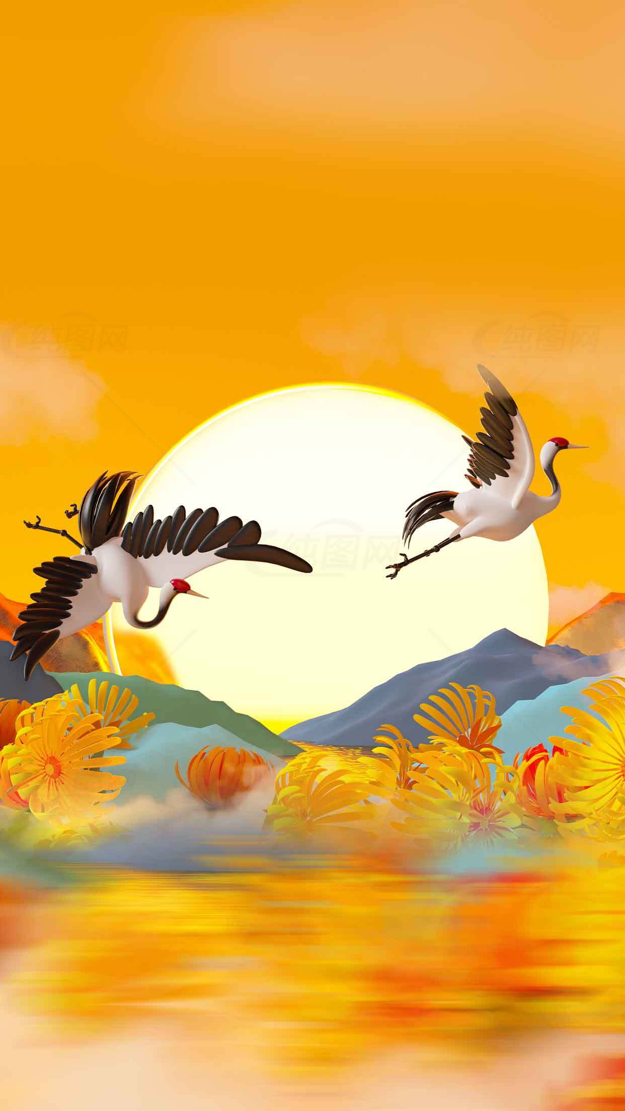 夕阳下的仙鹤与山水美景插画素材