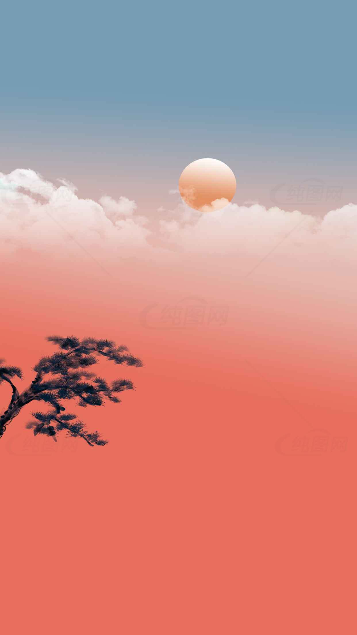 唯美日落与松树剪影的中国风壁纸素材