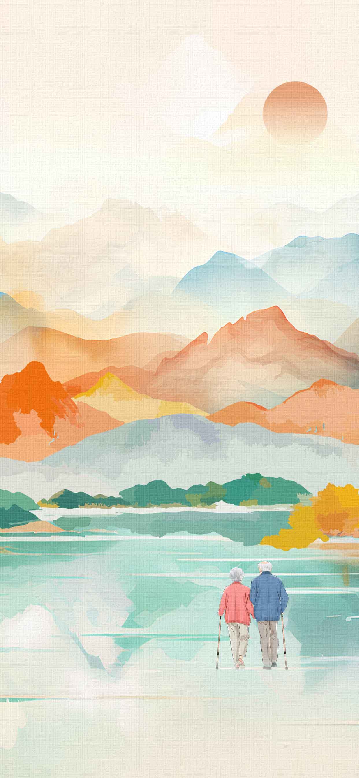 唯美山水画背景图片：夕阳下的老年幸福生活素材