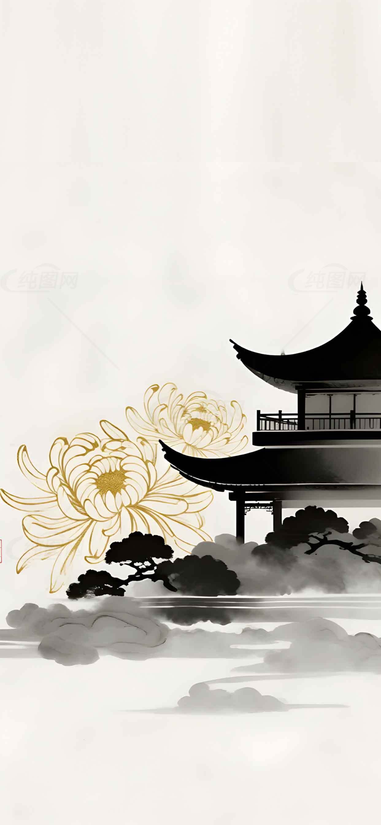 中国传统水墨画风格建筑与菊花背景图片素材
