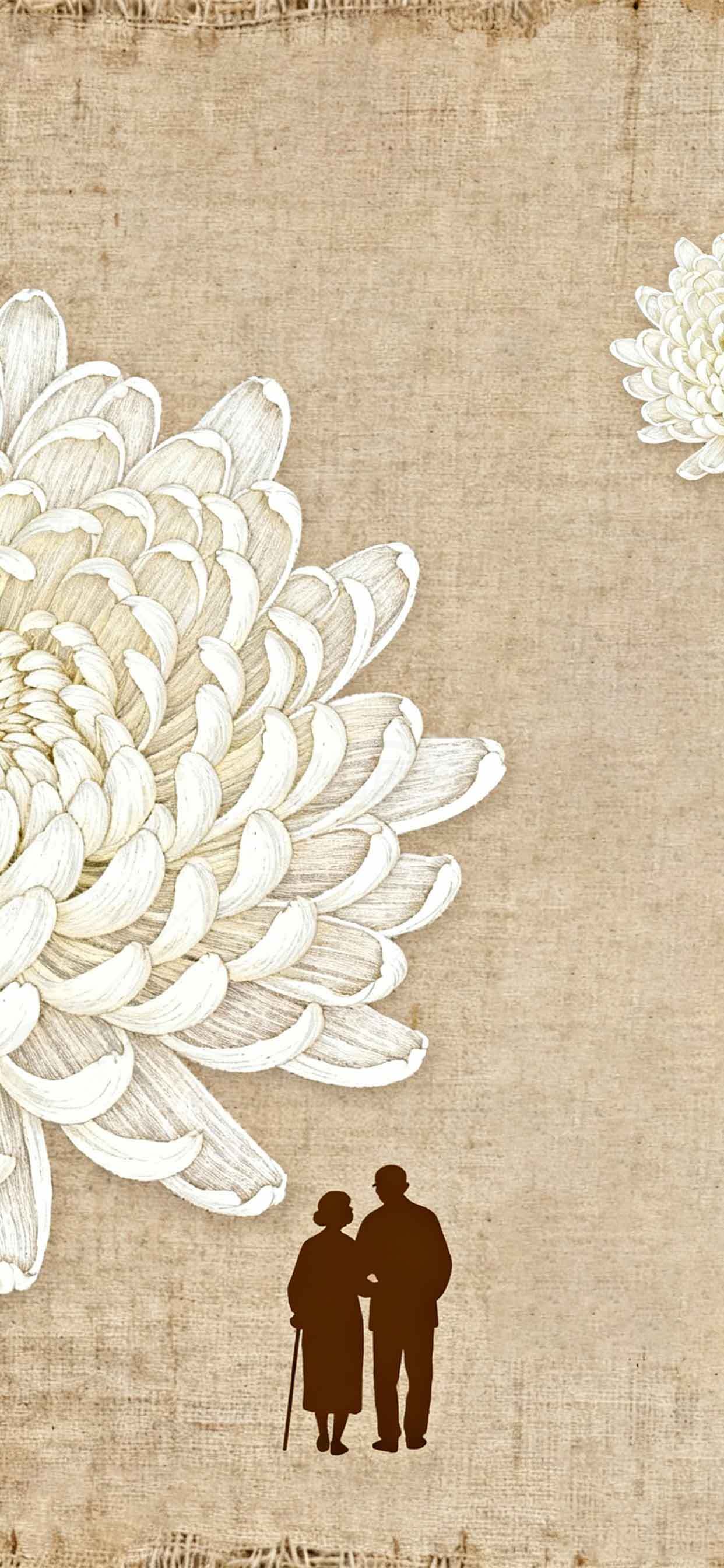 温馨怀旧背景图片：菊花与老人剪影素材