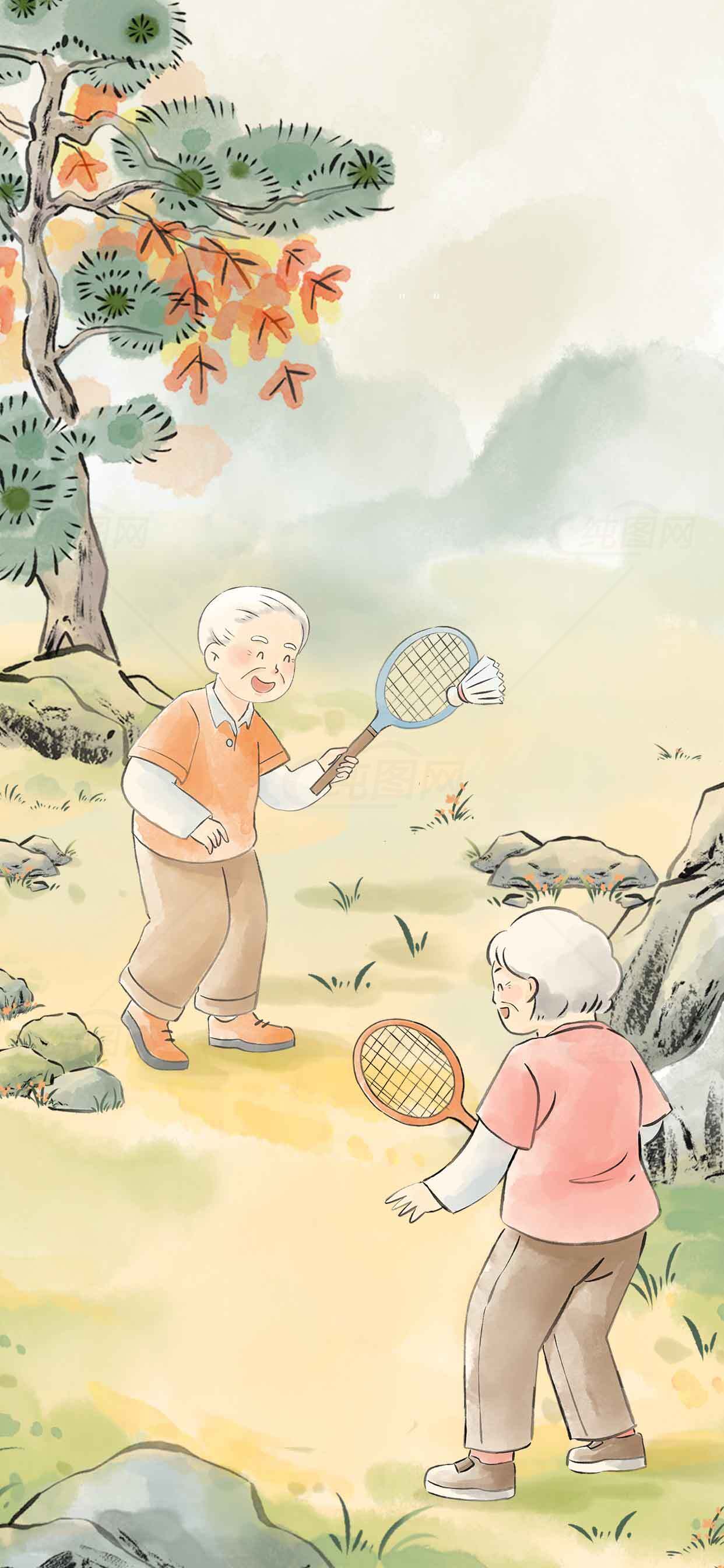 秋日户外儿童羽毛球活动插画素材