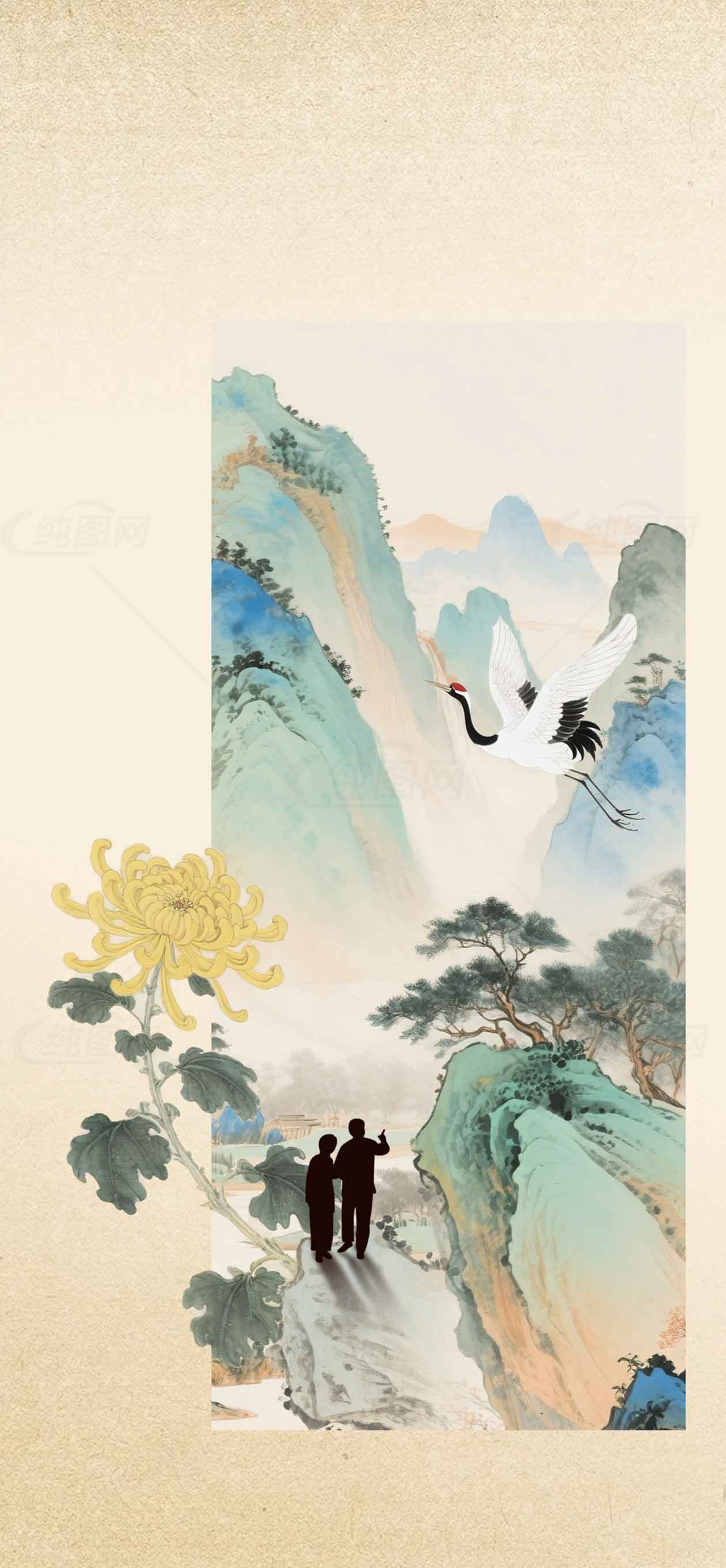 国画山水意境图：仙鹤与菊花的诗意画卷素材