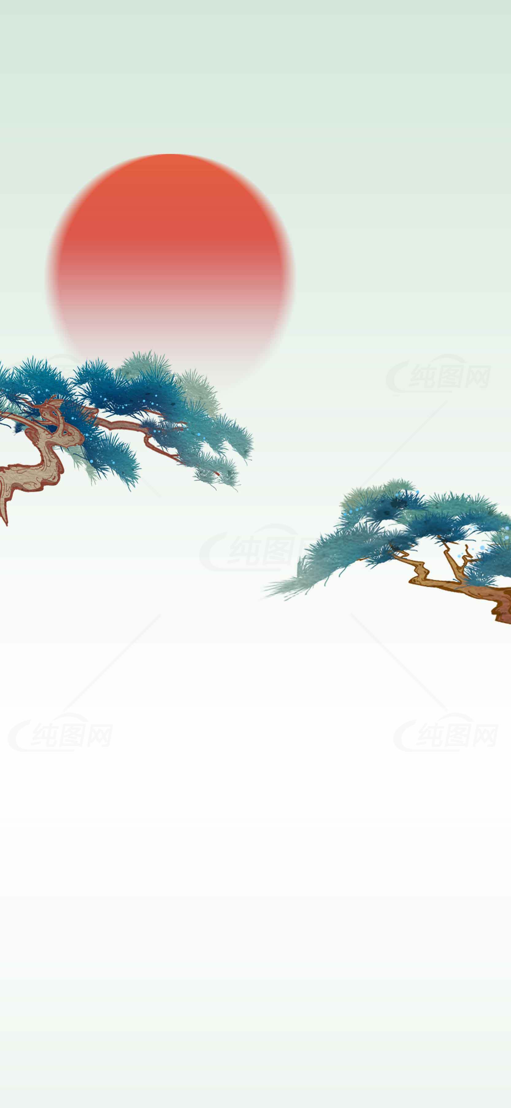 中国风水墨画红日松树背景图片素材