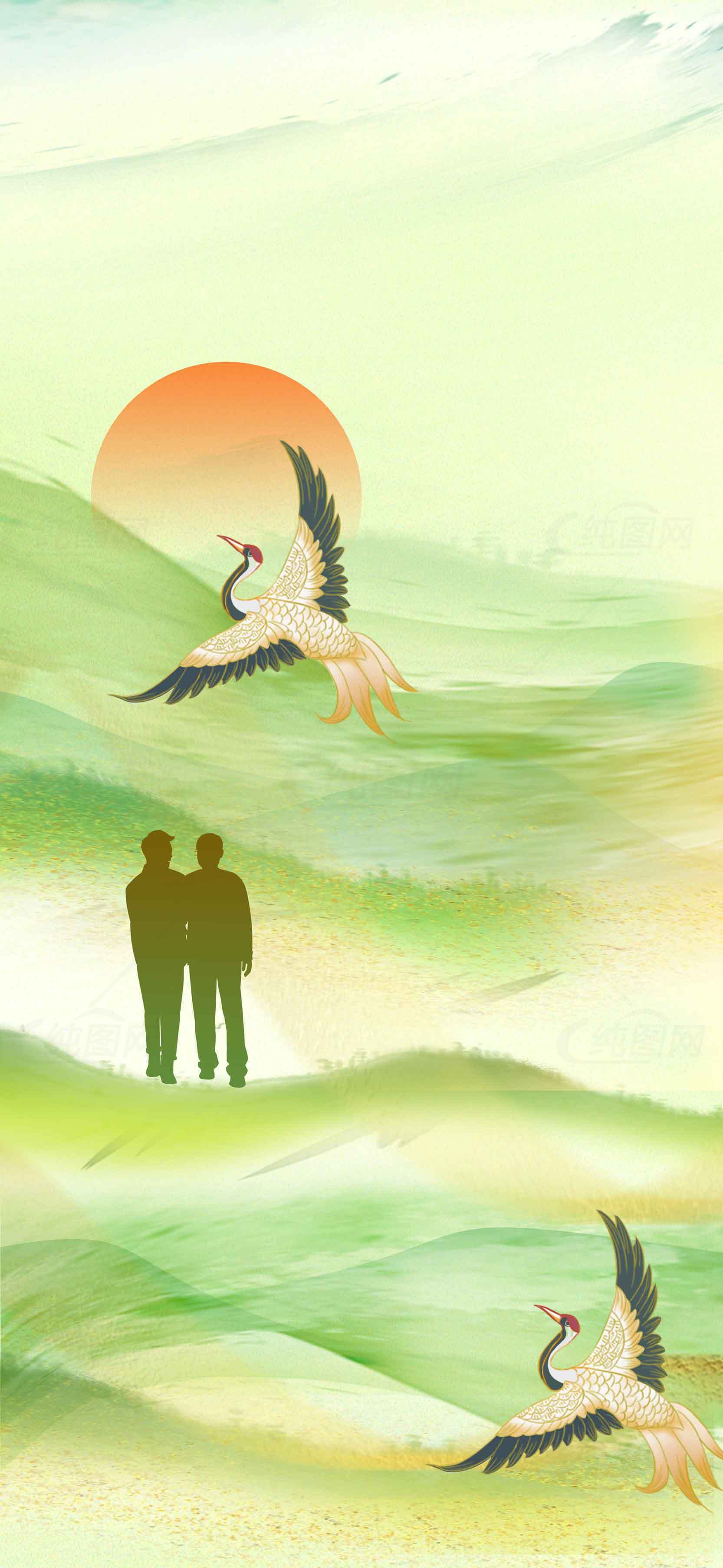 唯美山水日出与仙鹤意境插画素材