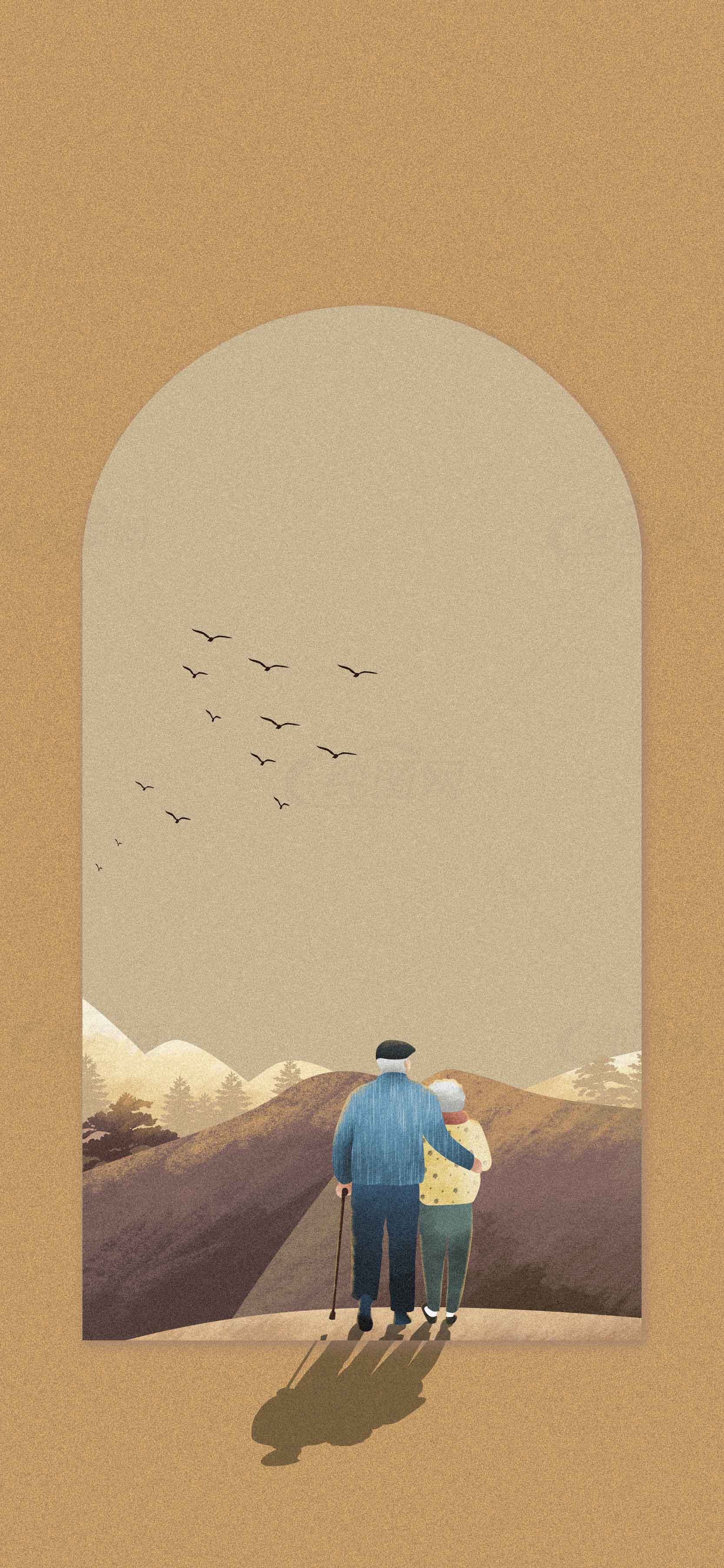 温馨陪伴的老年生活插画素材