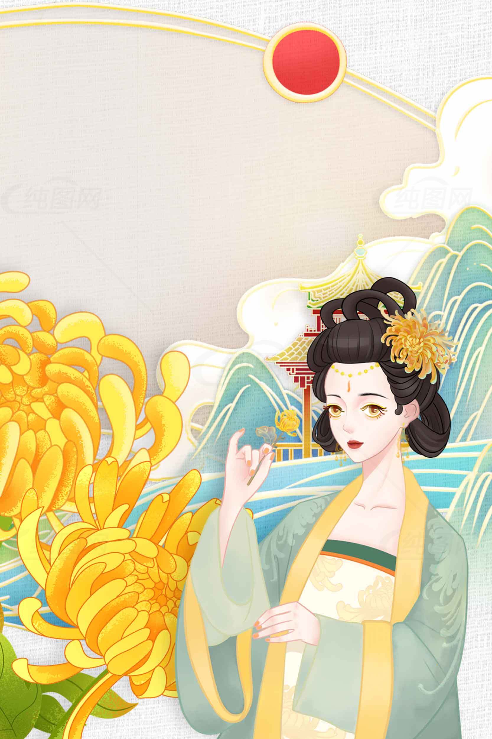 古风插画：唯美仕女与山水背景素材