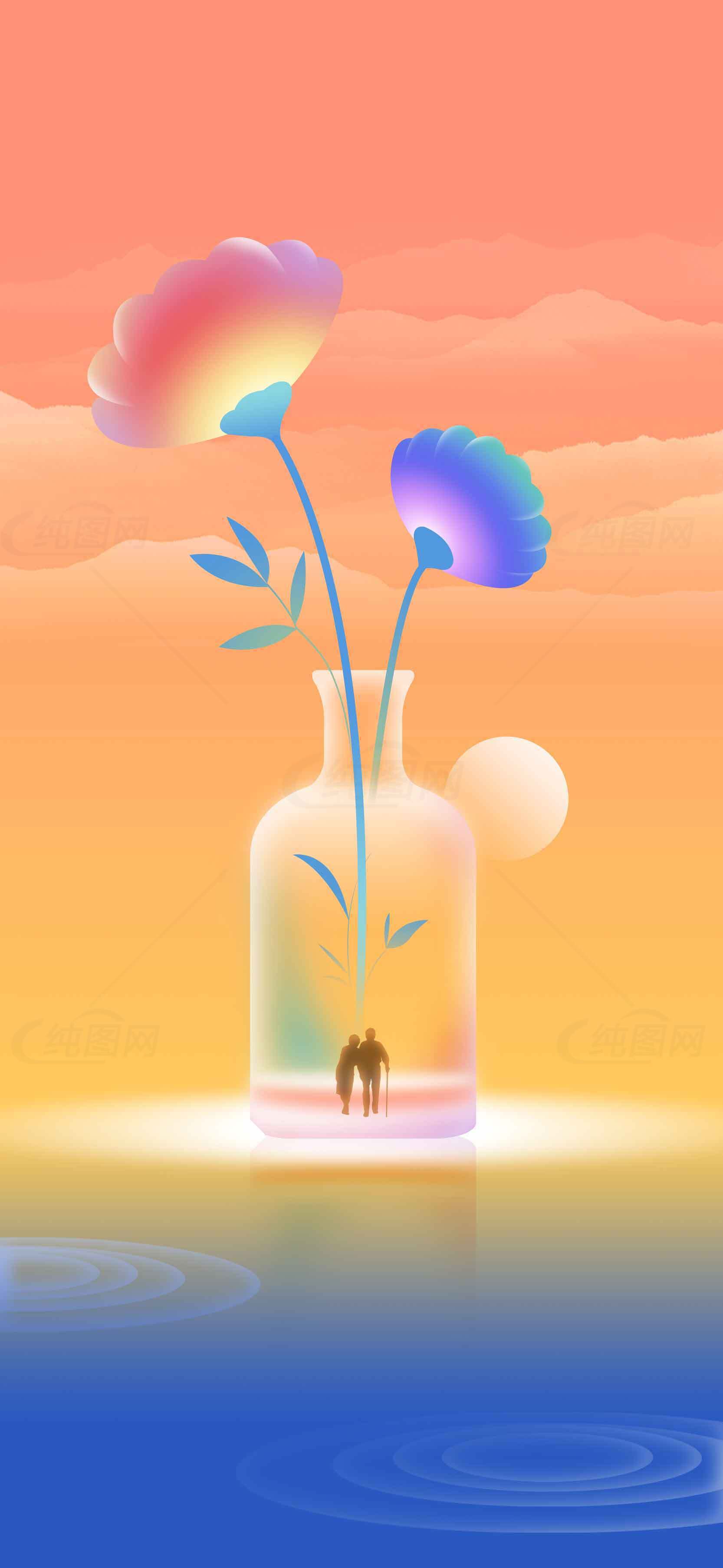 浪漫瓶中花与情侣插画背景图片素材