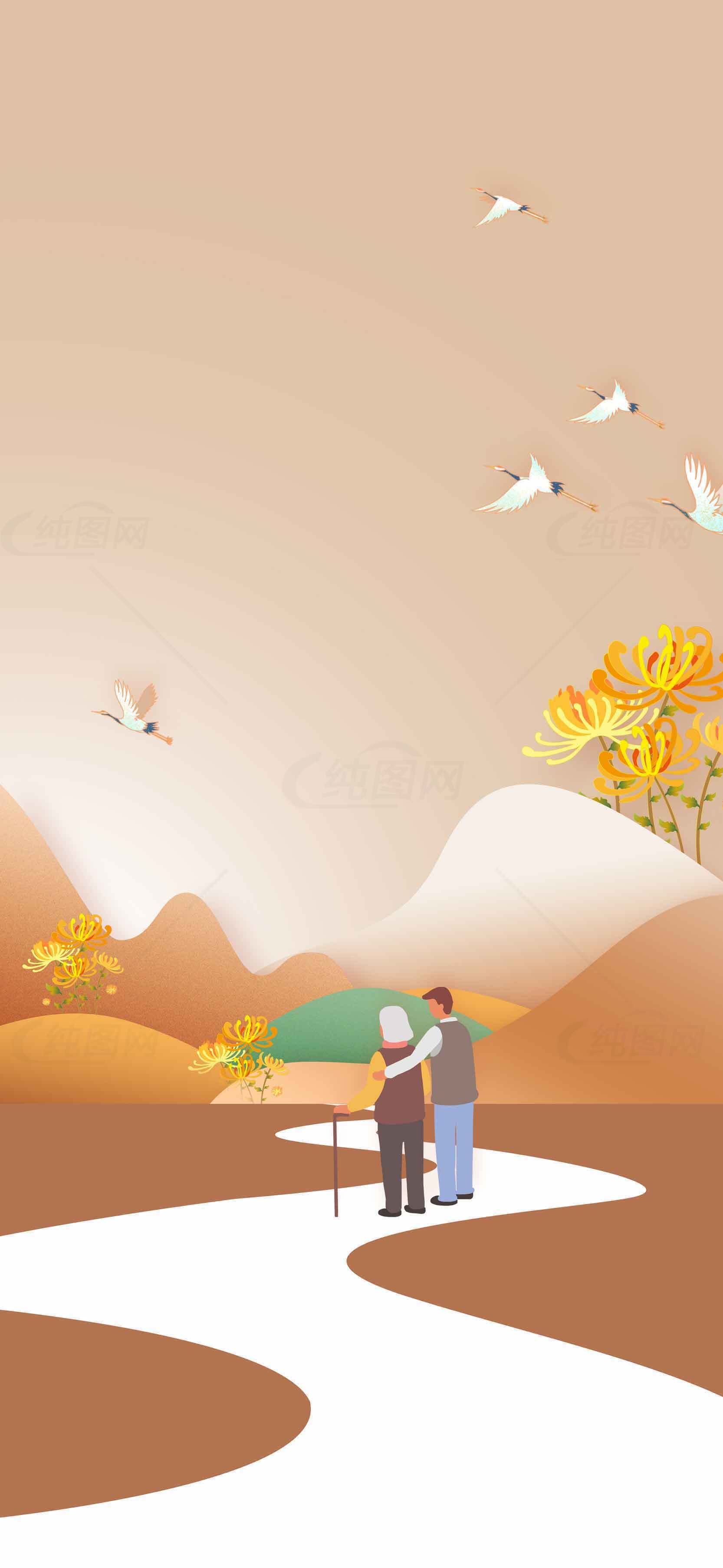 秋日温情陪伴老人插画背景素材