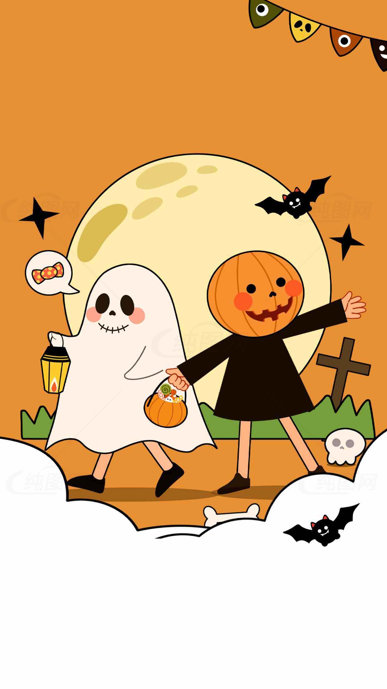 万圣节可爱卡通插画：南瓜头与幽灵的夜晚冒险素材