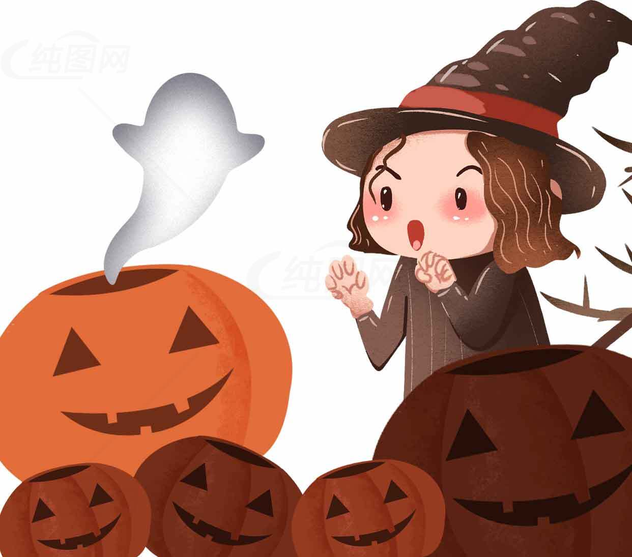 万圣节南瓜与女巫插画设计素材