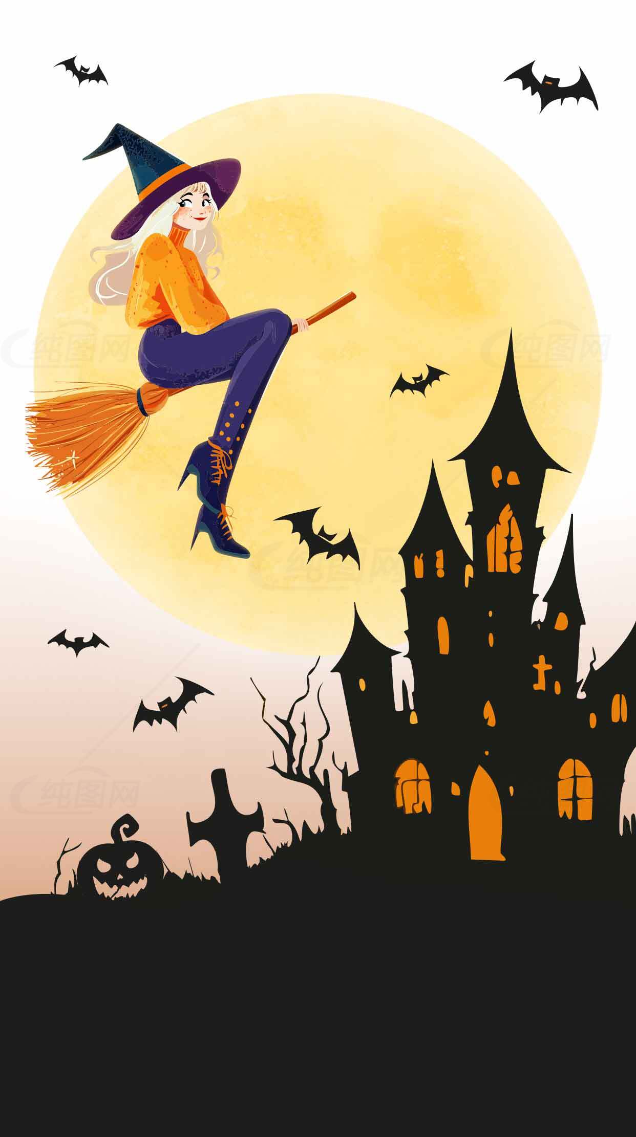 万圣节女巫与城堡插画设计素材