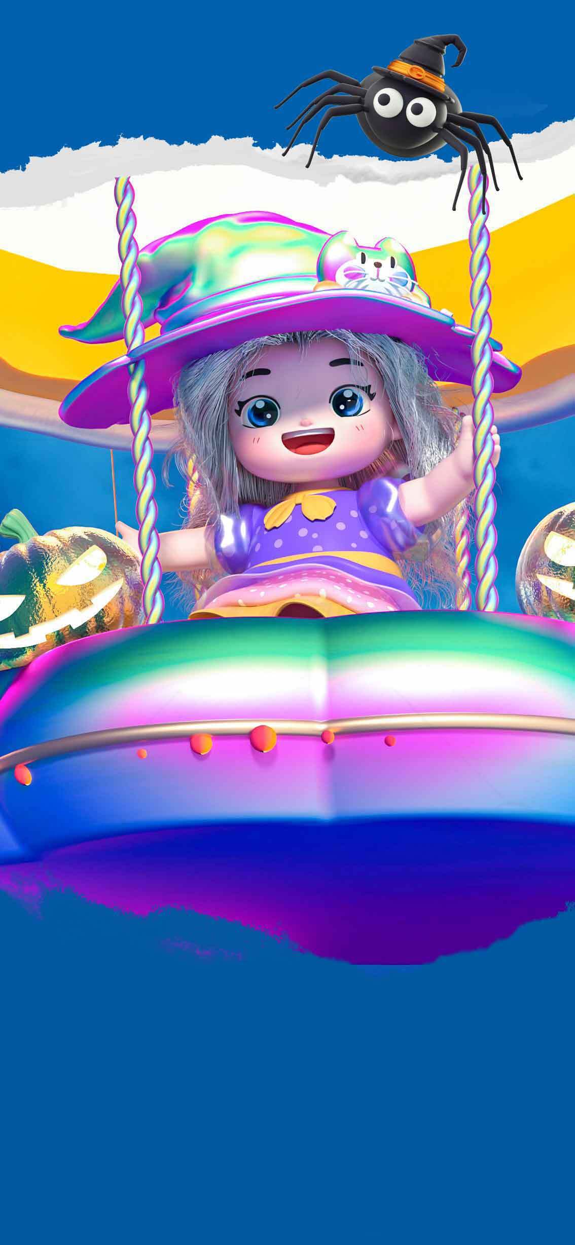 梦幻旋转木马与卡通蜘蛛的奇妙童趣世界素材