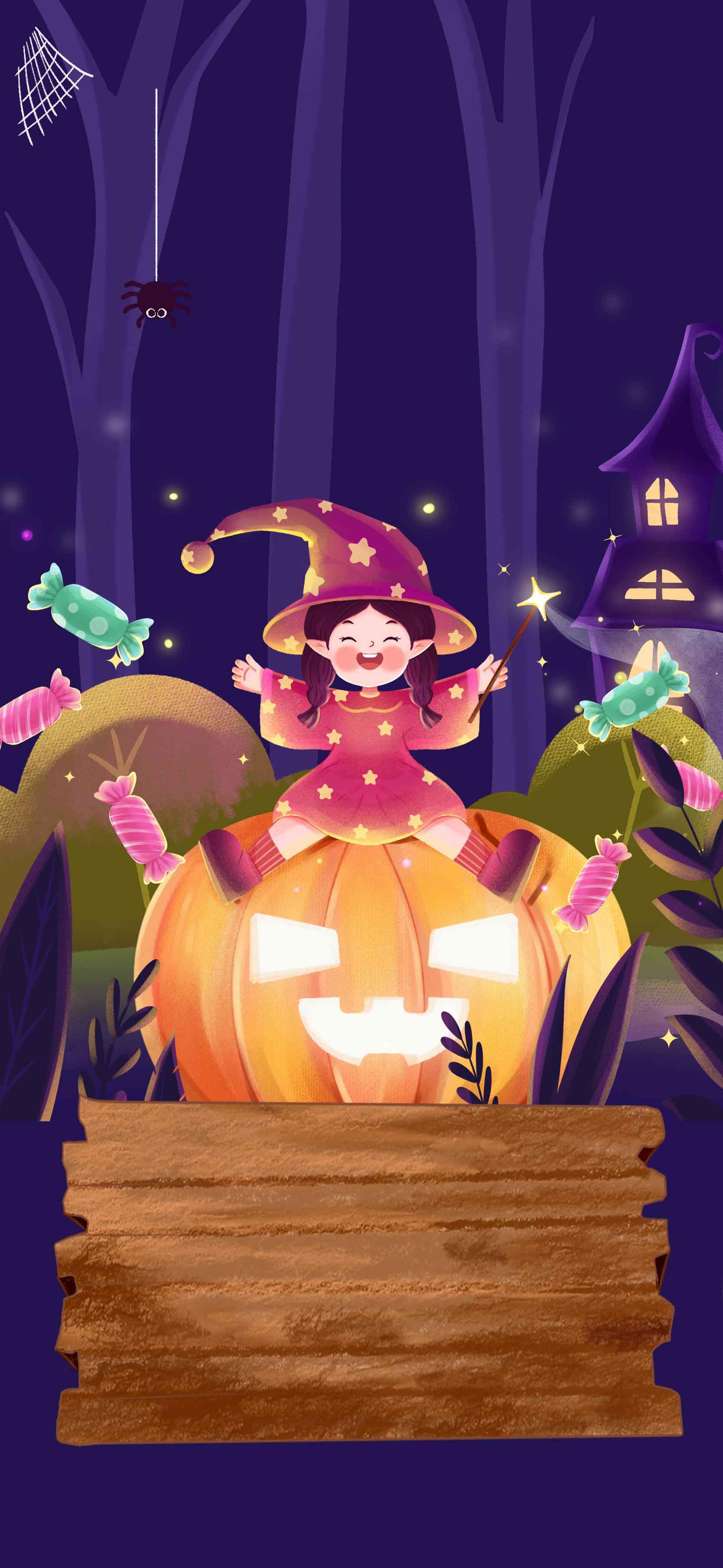 万圣节南瓜灯与小女巫插画设计素材