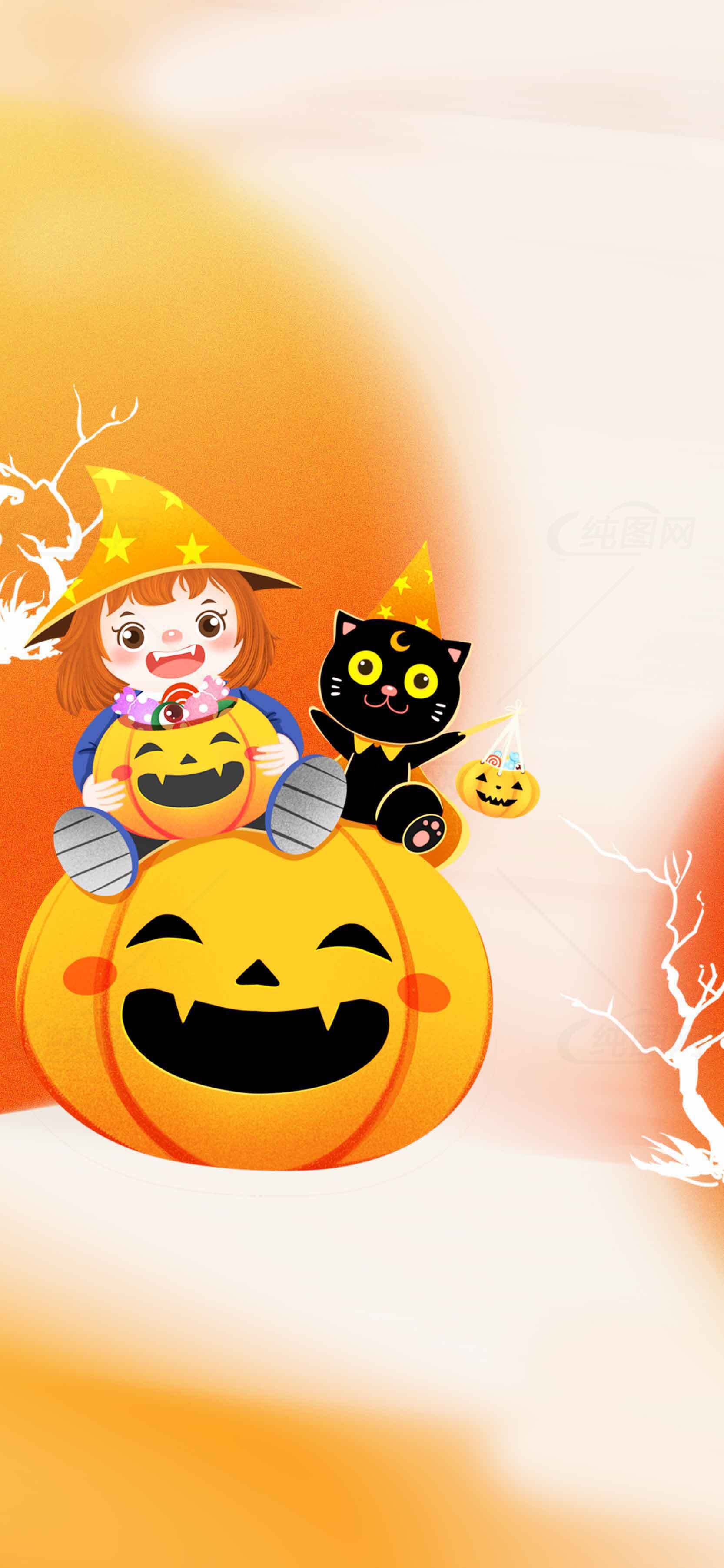 万圣节南瓜与可爱女巫插画设计素材