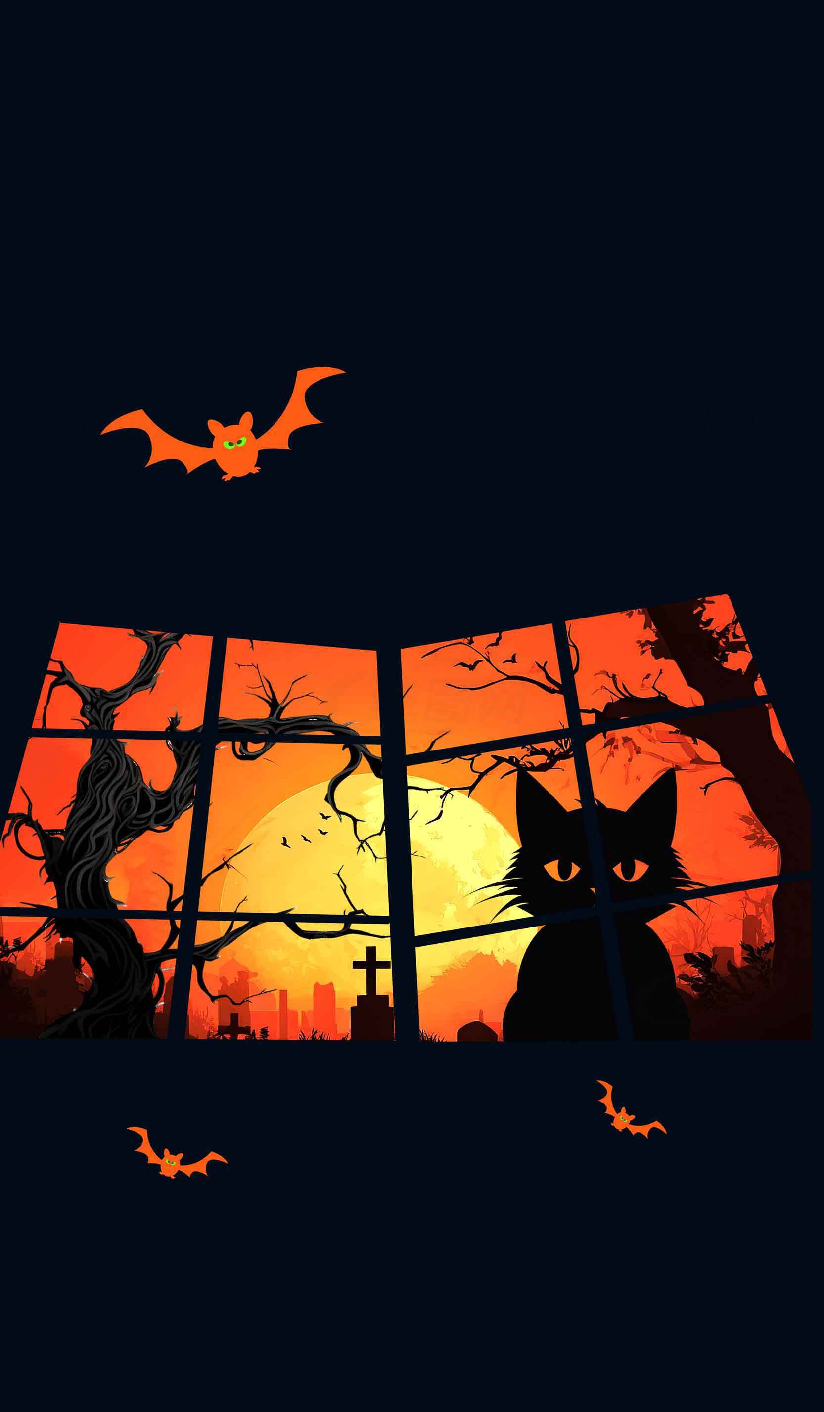 万圣节黑猫与橙色夜景插画壁纸素材