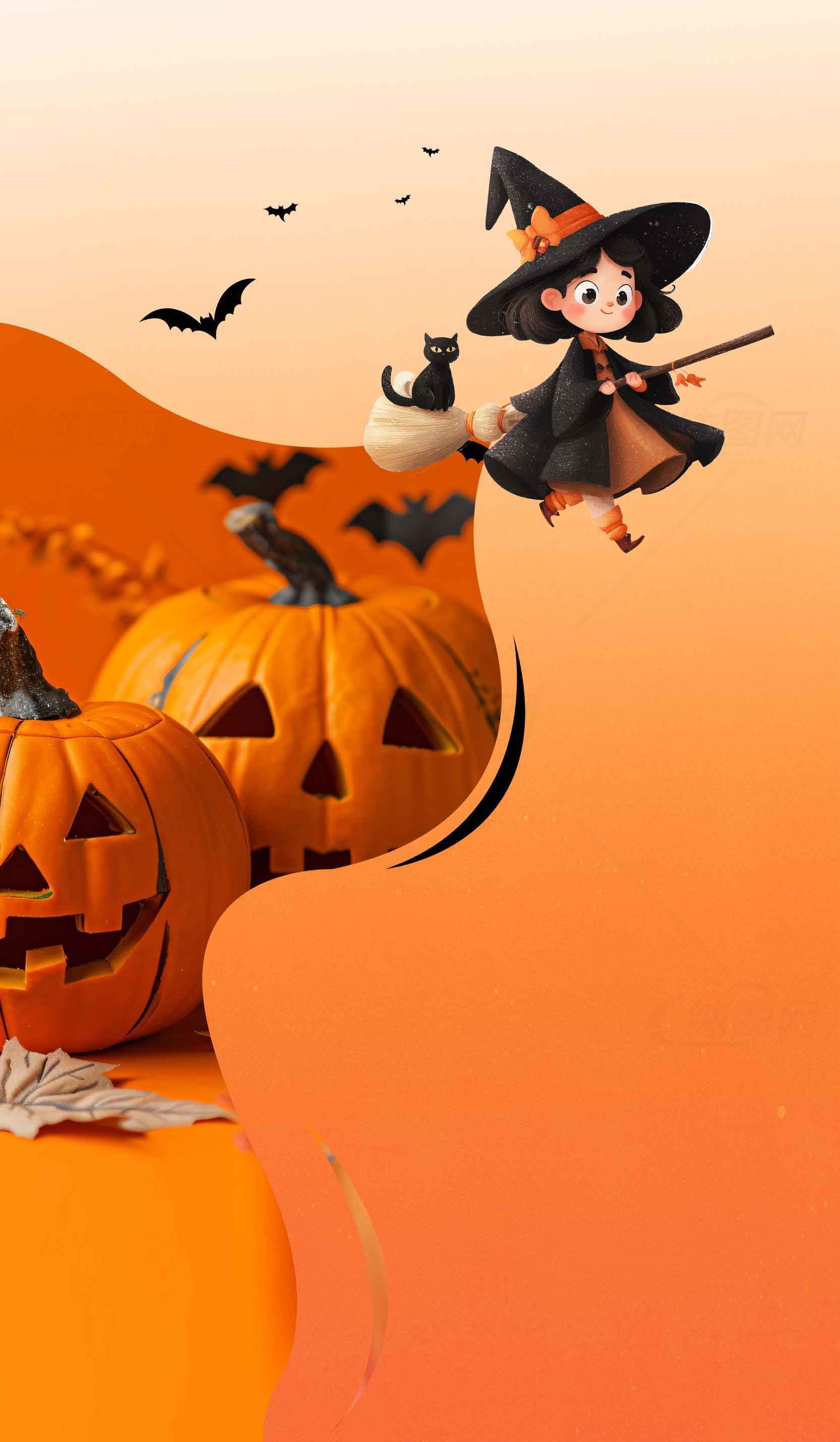 万圣节南瓜与可爱女巫插画背景图片素材