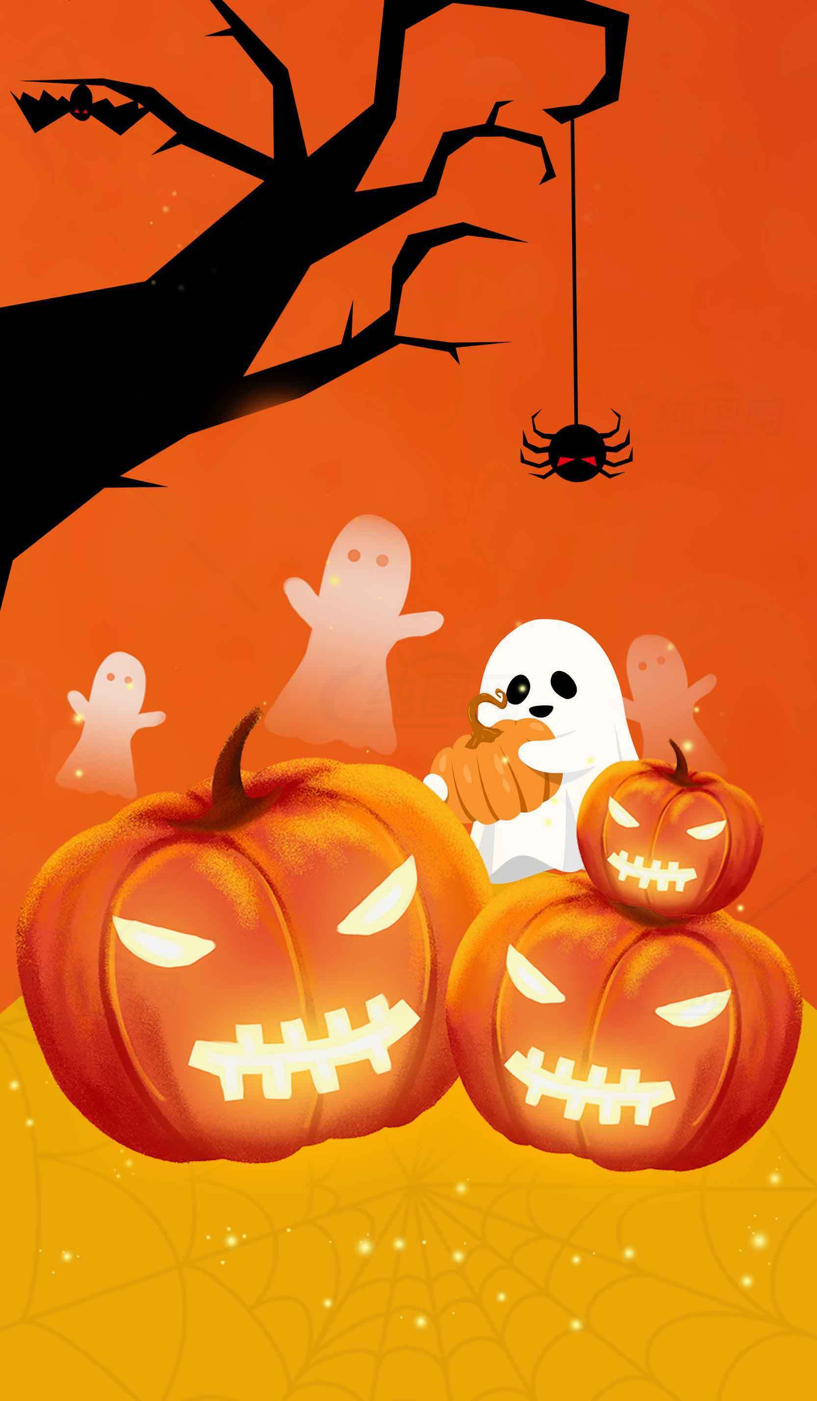 万圣节主题背景图片：南瓜灯与幽灵元素素材