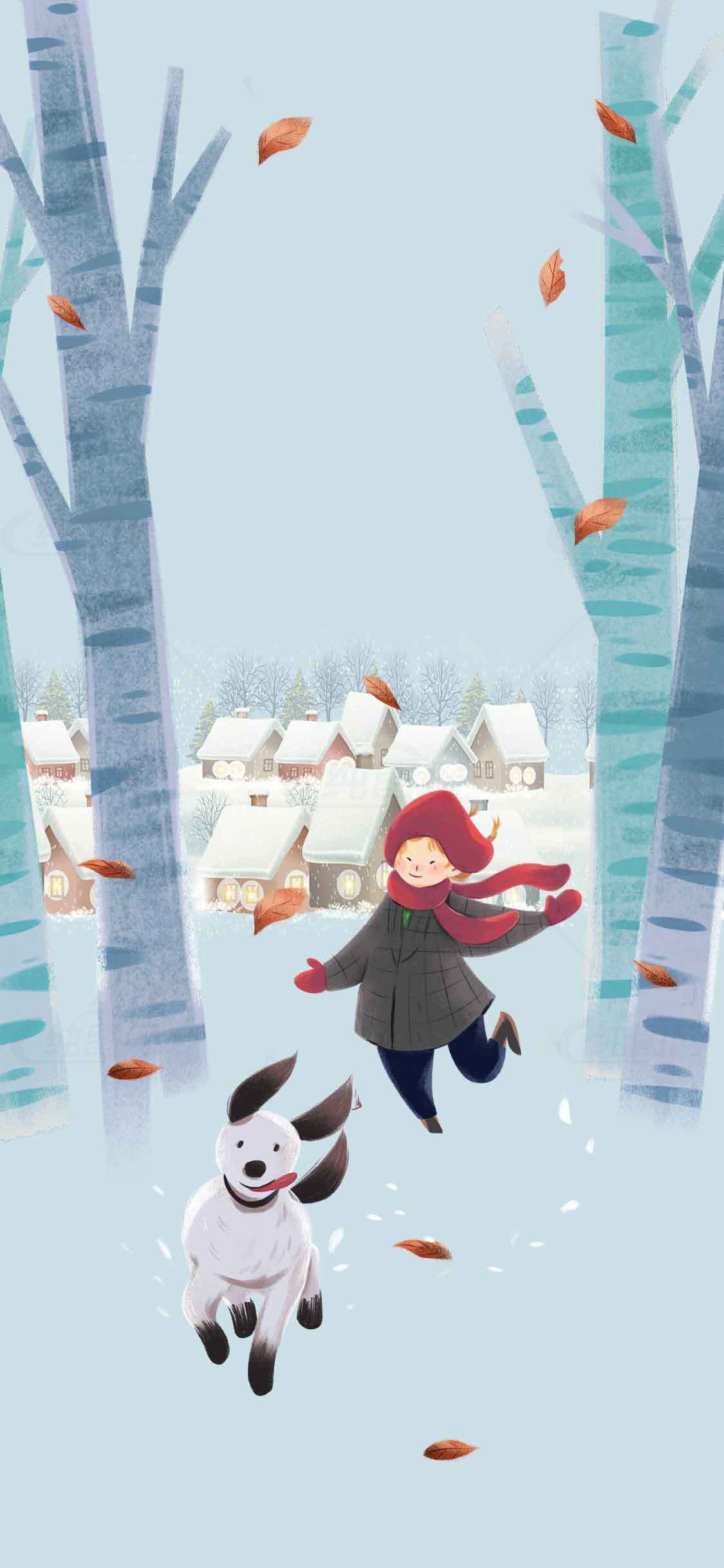 冬日雪景中的快乐童年与宠物狗素材