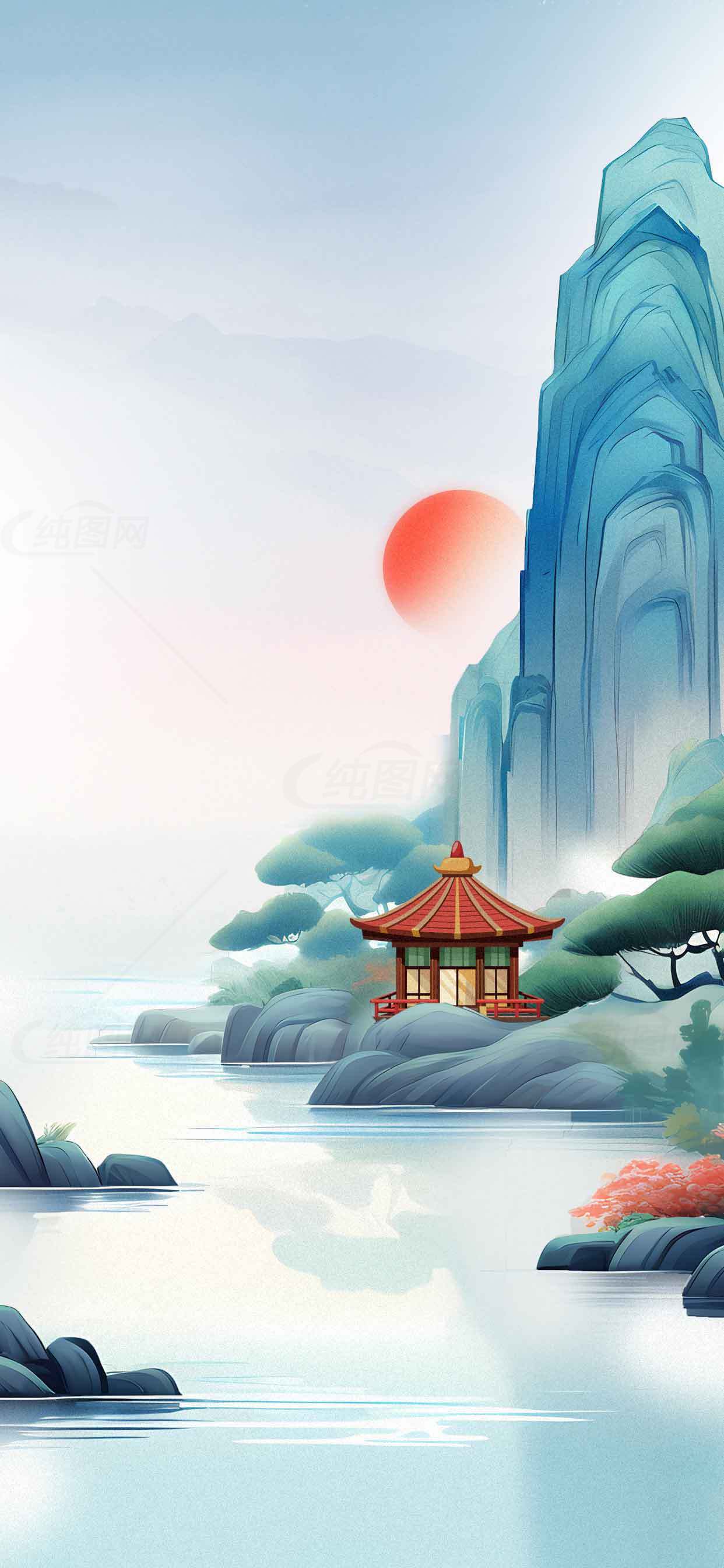 唯美山水风景插画：红亭与日出背景素材