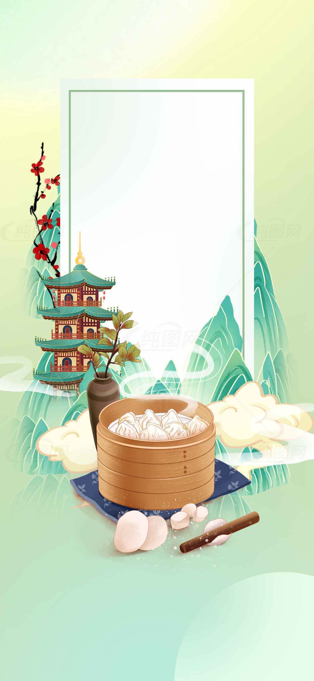 中国传统美食与山水风景背景图片素材