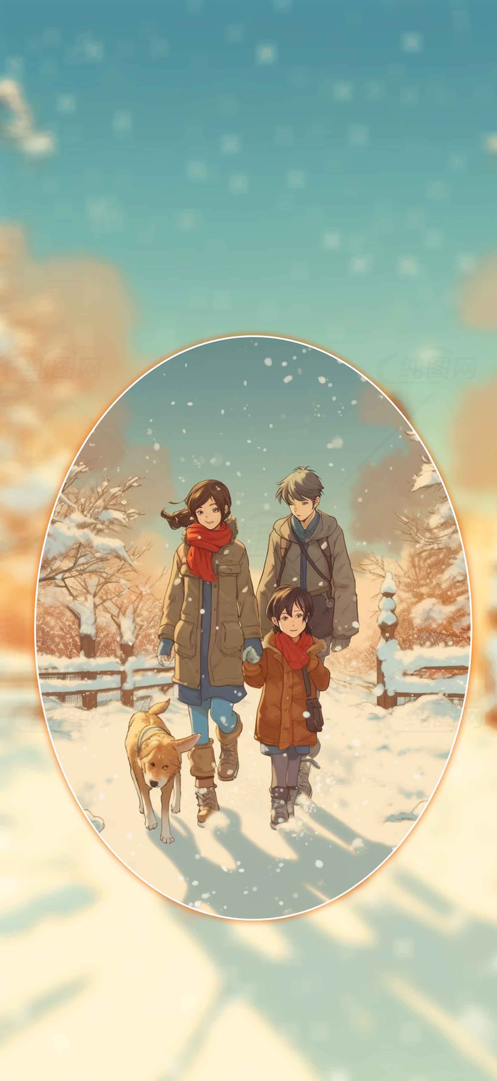 冬日家庭雪景插画：温馨散步与宠物陪伴素材