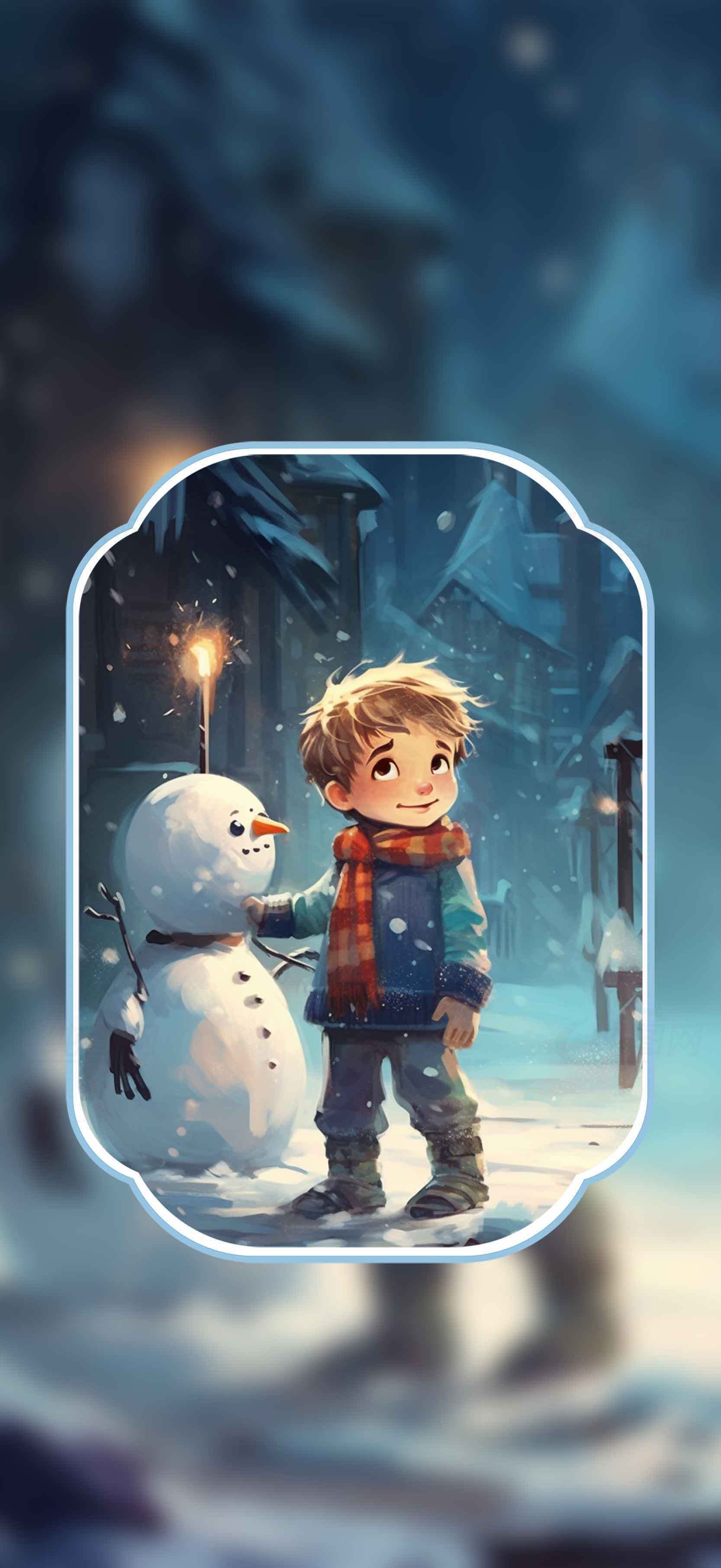 冬季童话：孩子与雪人的温馨时光素材