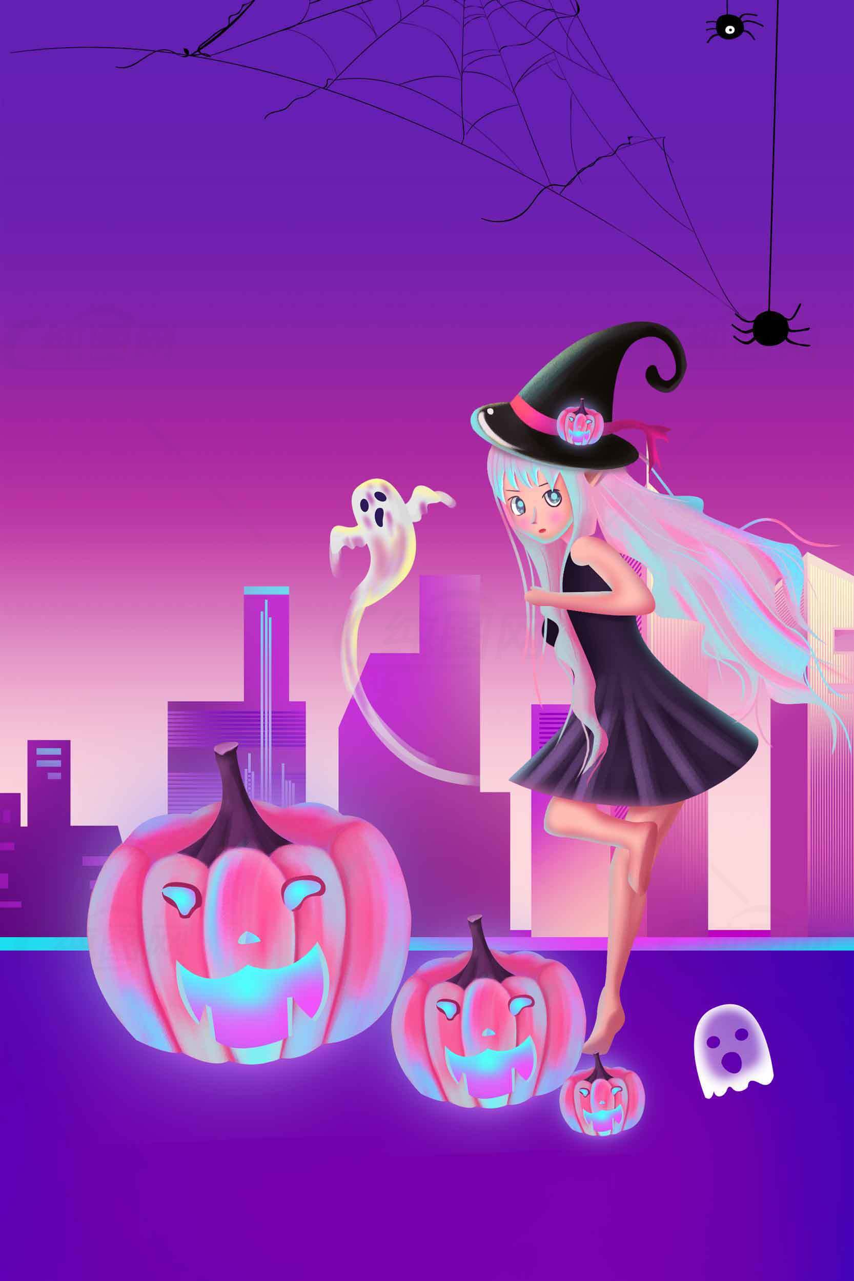 万圣节紫色梦幻女巫与南瓜灯插画素材