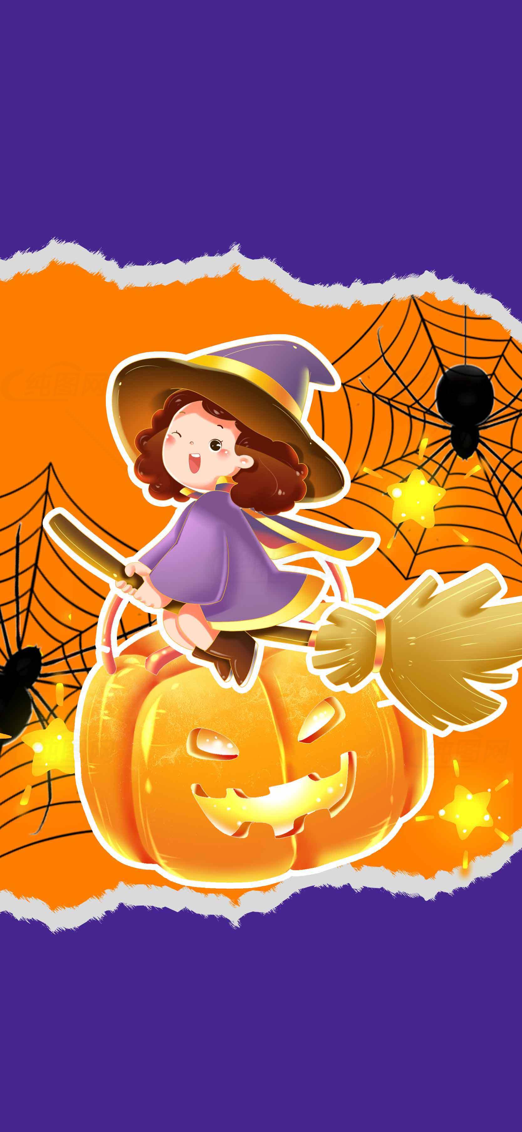 万圣节南瓜与小女巫插画设计素材